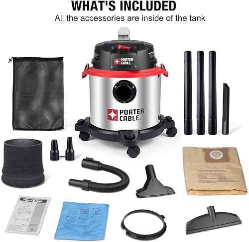 Miniatura 7 de PORTER-CABLE Aspiradora en seco y húmedo de 5 galones, 4 picos HP de acero inoxidable 3 en 1 con potente succión, ideal para lugar de trabajo,