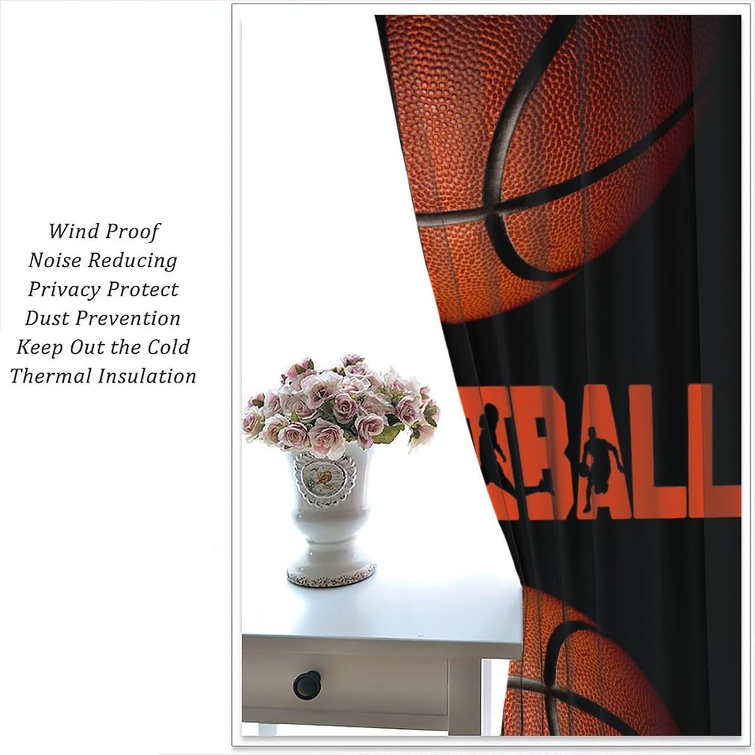 Boys Game Basketball Blackout Curtain, Modern Sports Theme Basketball Print Window Curtains for Kids Bedroom Teens Room Playroom 42" W X 45" L
