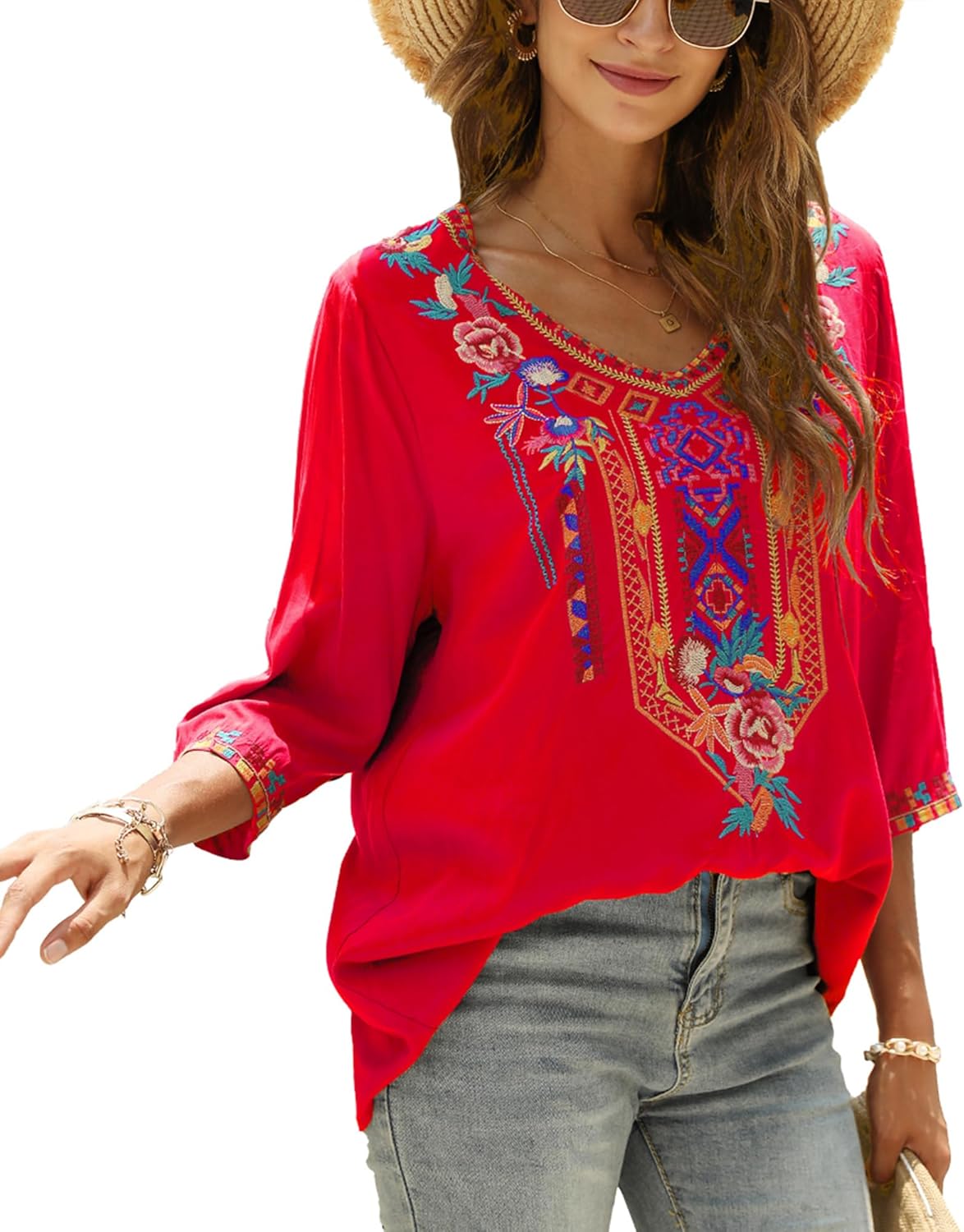 Mexican Shirts Peasant Blouses Bohemian Embroidered Tops Boho Clothes for Women (US, Alpha, 2X-Large, Regular, Regular, red-328) - Image 4