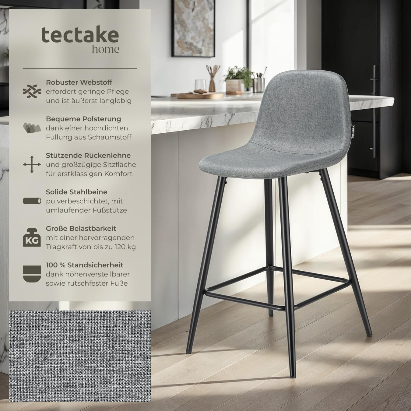 Tectake Barhocker-Set Mit Lehne (2er Set) – Samtbezug Schwarz, Höhenverstellbar & Mit Fußstütze