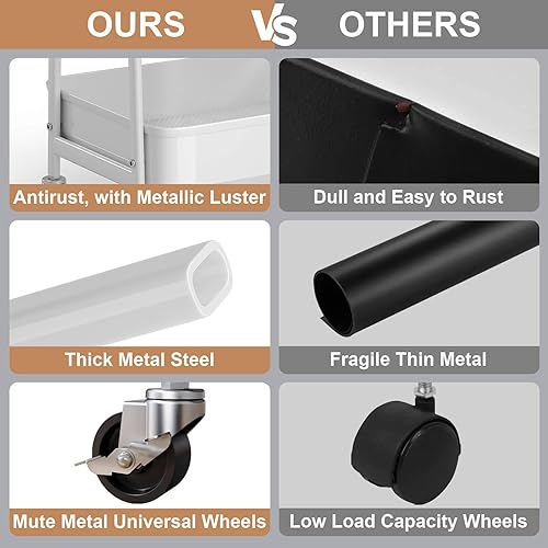 Miniatura 8 de Carrito rodante de metal blanco resistente de 3 niveles con ruedas bloqueables, carrito de aperitivos de tres niveles, carritos organizadores de