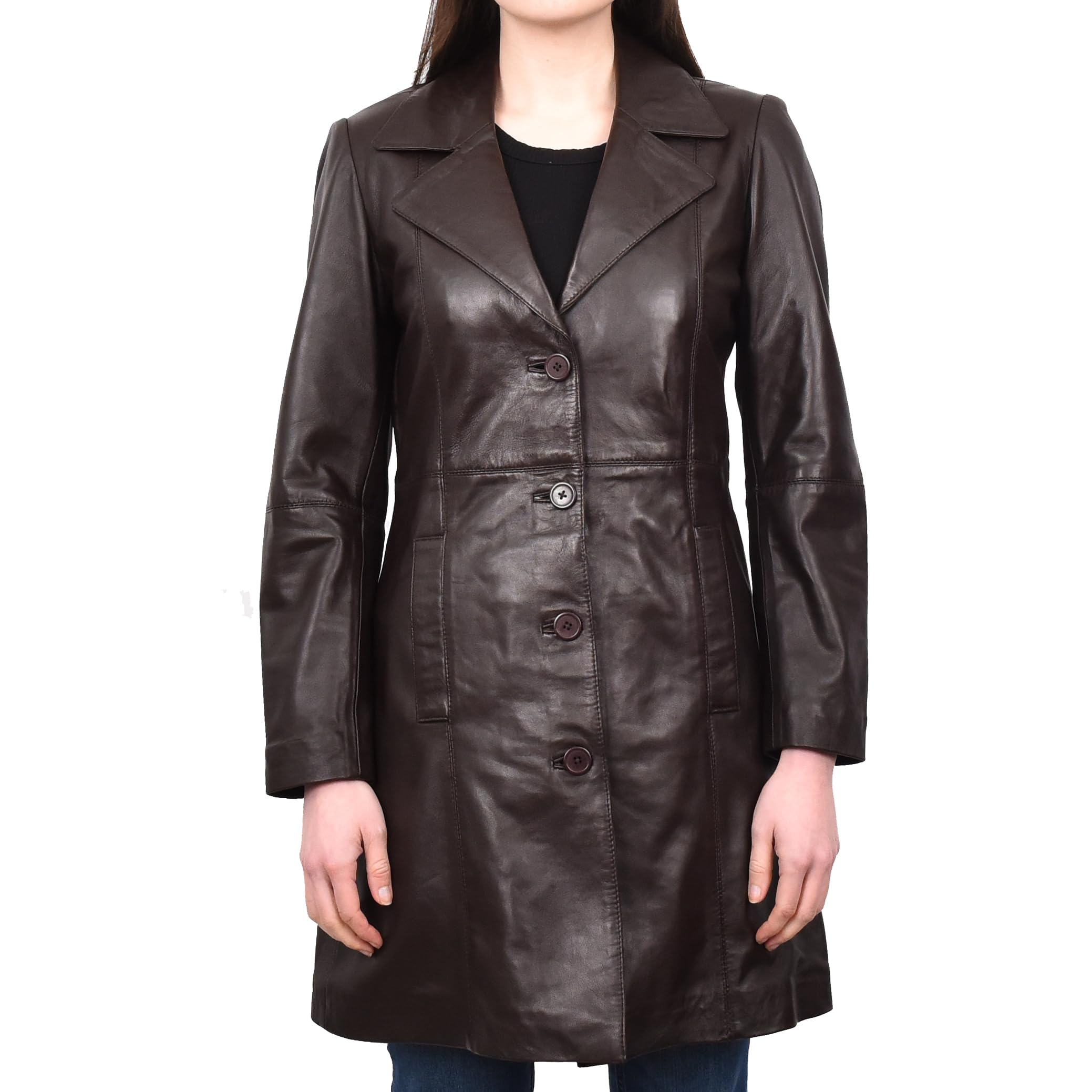 Divergent Retail Women's Brown Real Leather Mac Coat 3/4 Length Button Up Jacket Trenzia (Uk, Numeric, 10, Regular, Regular, )