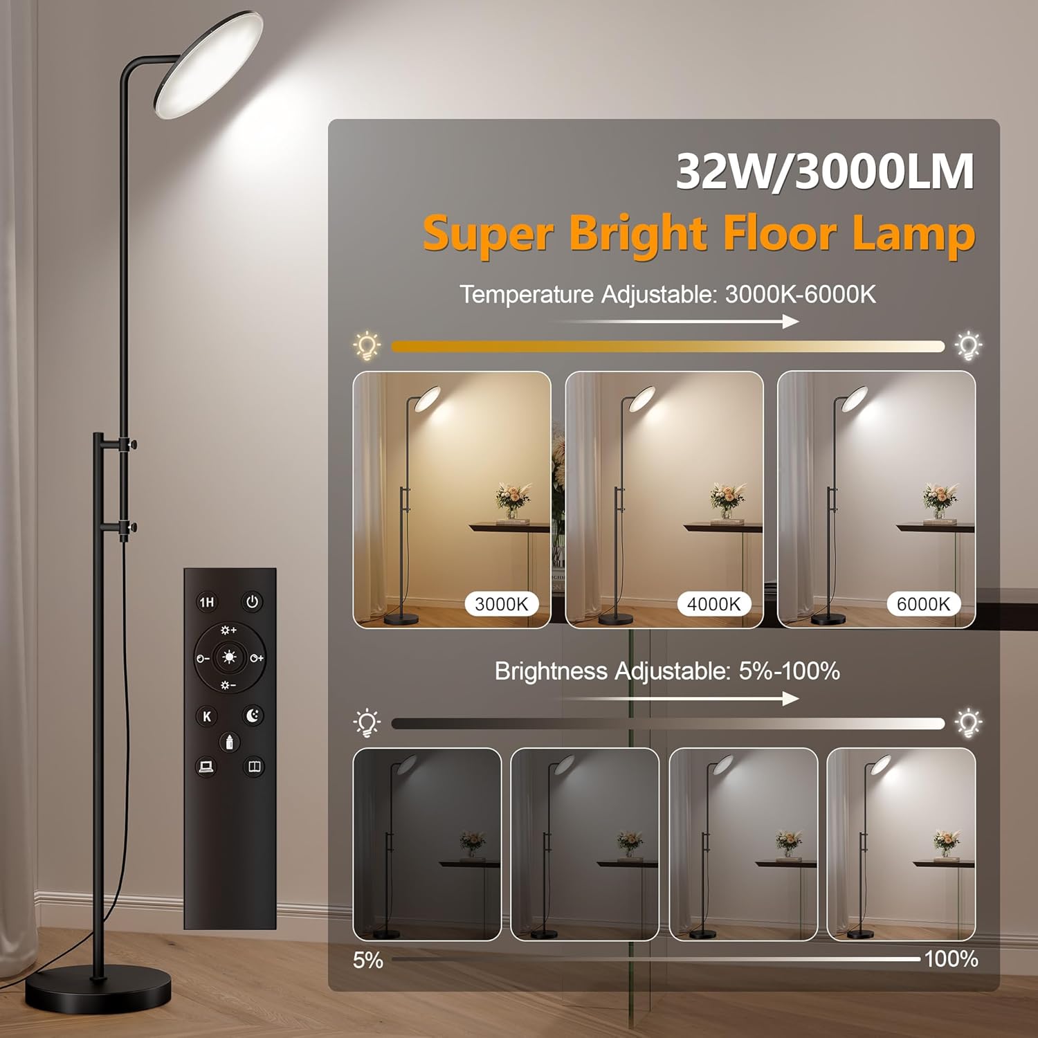 SUNMORY 32W/3000LM Floor Lamps, Super Bright LED Standing Lamp with Remote Control, Adjustable Tall Lamp with 350°Rotating Head, Modern Dimmable Torchiere Corner Lamp for Living Room, Bedroom, Office - Image 2