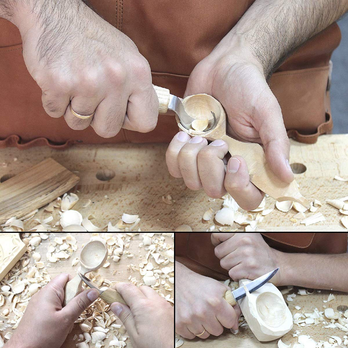 Cuchillo de Gancho de Talla de Madera para tallar cucharas Tazones Kuksa y Tazas, Herramientas de Tallado de Cuchara para diestrus Viene con un compuesto de pulido de cuero y una bolsa de tela