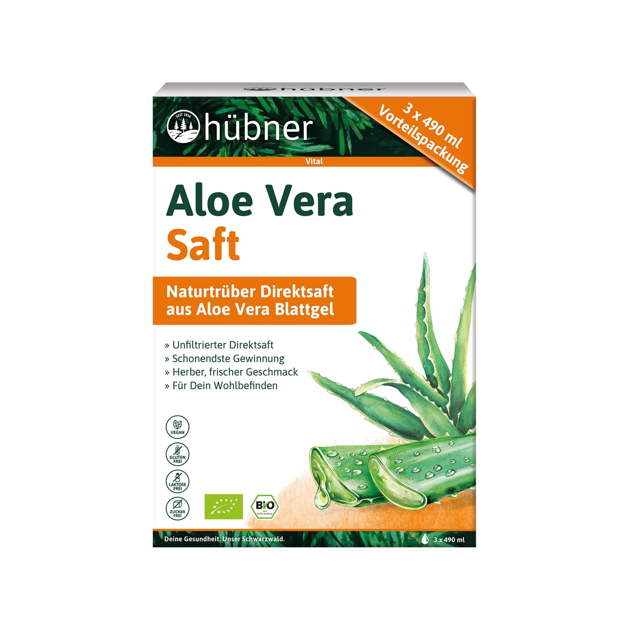 hübner® Aloe Vera Bio-Pflanzensaft naturtrüb | 100% naturtrüber Aloe Vera-Saft | Aus kontrolliert biologischem Anbau | Ungefiltert & vegan | Frischer Geschmack | 3 x 490 ml