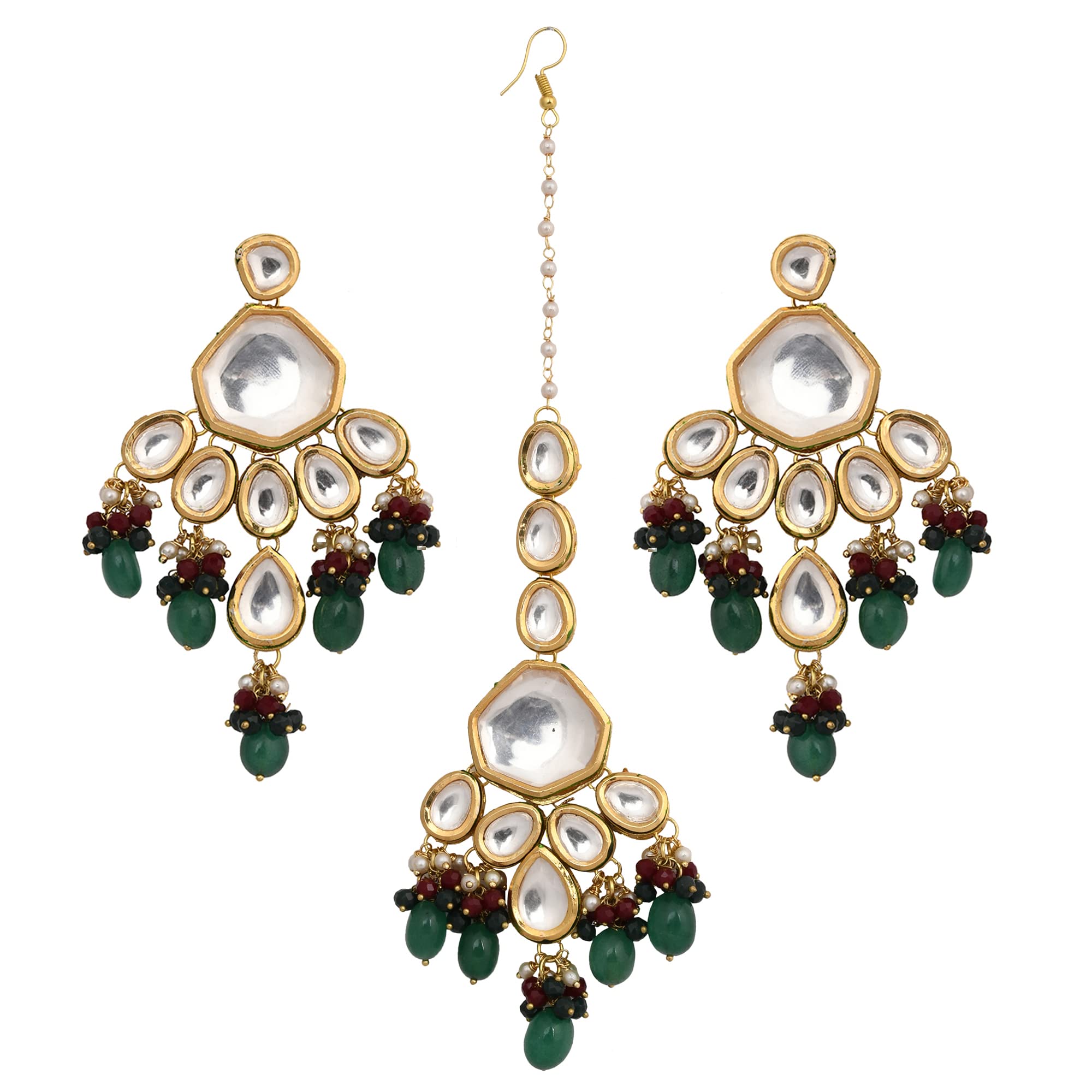 FEMIZEN Emerald beaded Kundan inspired Mang Tikka with earrings for Women's