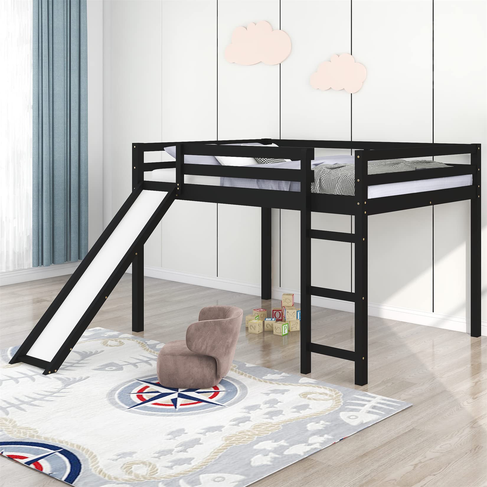 Buy Full Loft Beds with Slide, Low Loft Bed Frame with Ladders Modern
