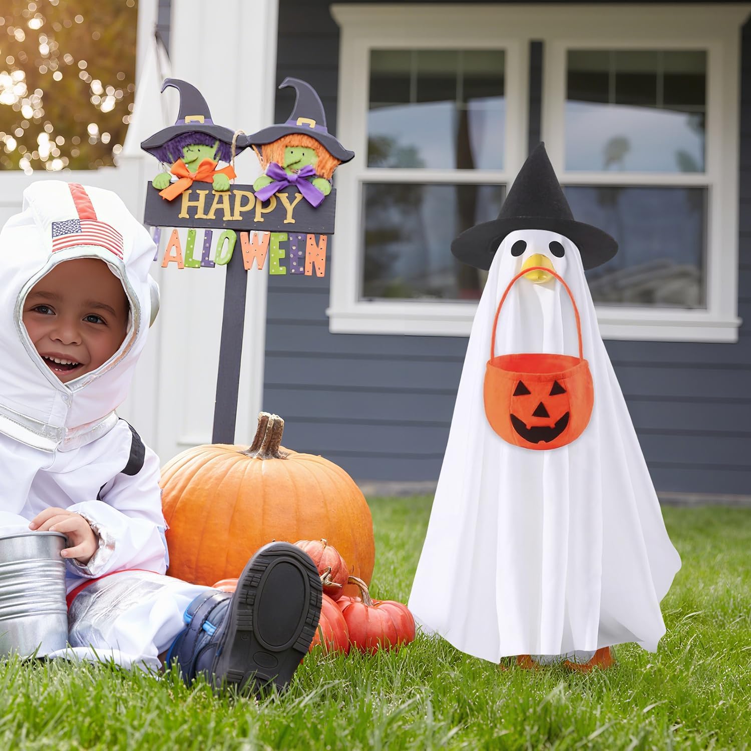 Halloween Ghost Porch Goose Outfit–23" Cement Plastic Goose Statue Costume Clothing.Festive Accessory for Halloween Garden Party,Funny Fall Goose Shirt Decor for Outdoor Patio Lawn Yard Decor