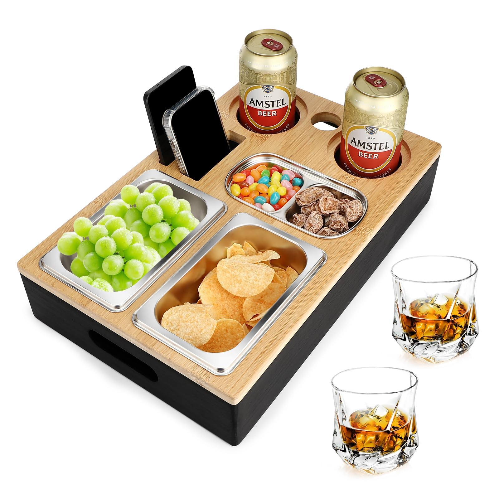 Auauraintt Sofa Tablett, Couchbar Snackbox, Mit Snackschalen Aus Edelstahl | mit Abnehmbarer Deckel, der perfekte Couch Organizer, für Wohnzimmer Sofa Restaurant Picknick Party