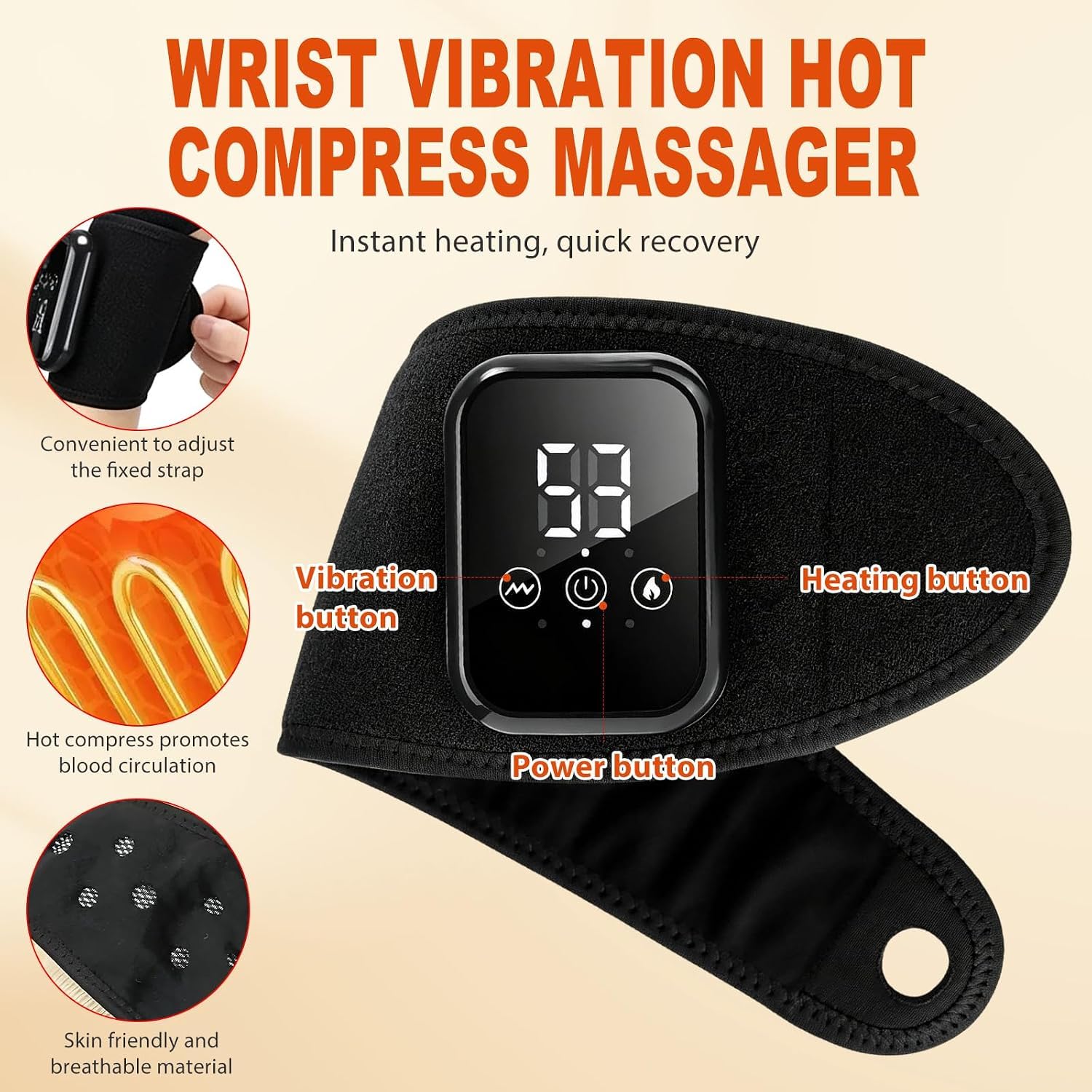 Masajeador de manos con función de calor, muñequera ajustable inalámbrica con 5 modos de masaje y 3 niveles de temperatura, alivio del síndrome del túnel carpiano, artritis y tendinitis，Negro