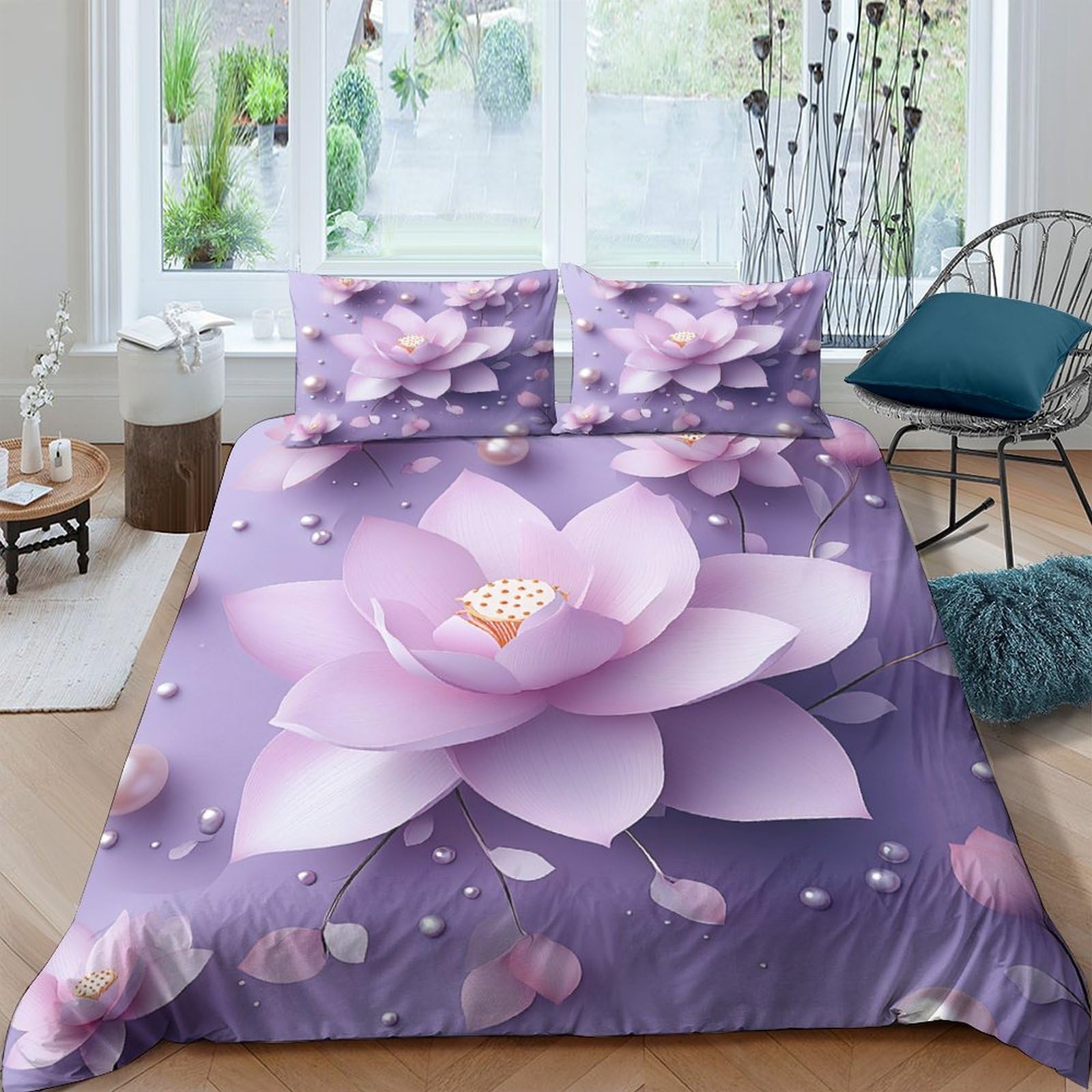Ctjqhvkz Style-8 3D Printed Purple Lotus Blossom Fitted Sheet Microfiber Soft Floral Petals Bed Cover For Bedroom Guestroom Decor Single（135X200cm）