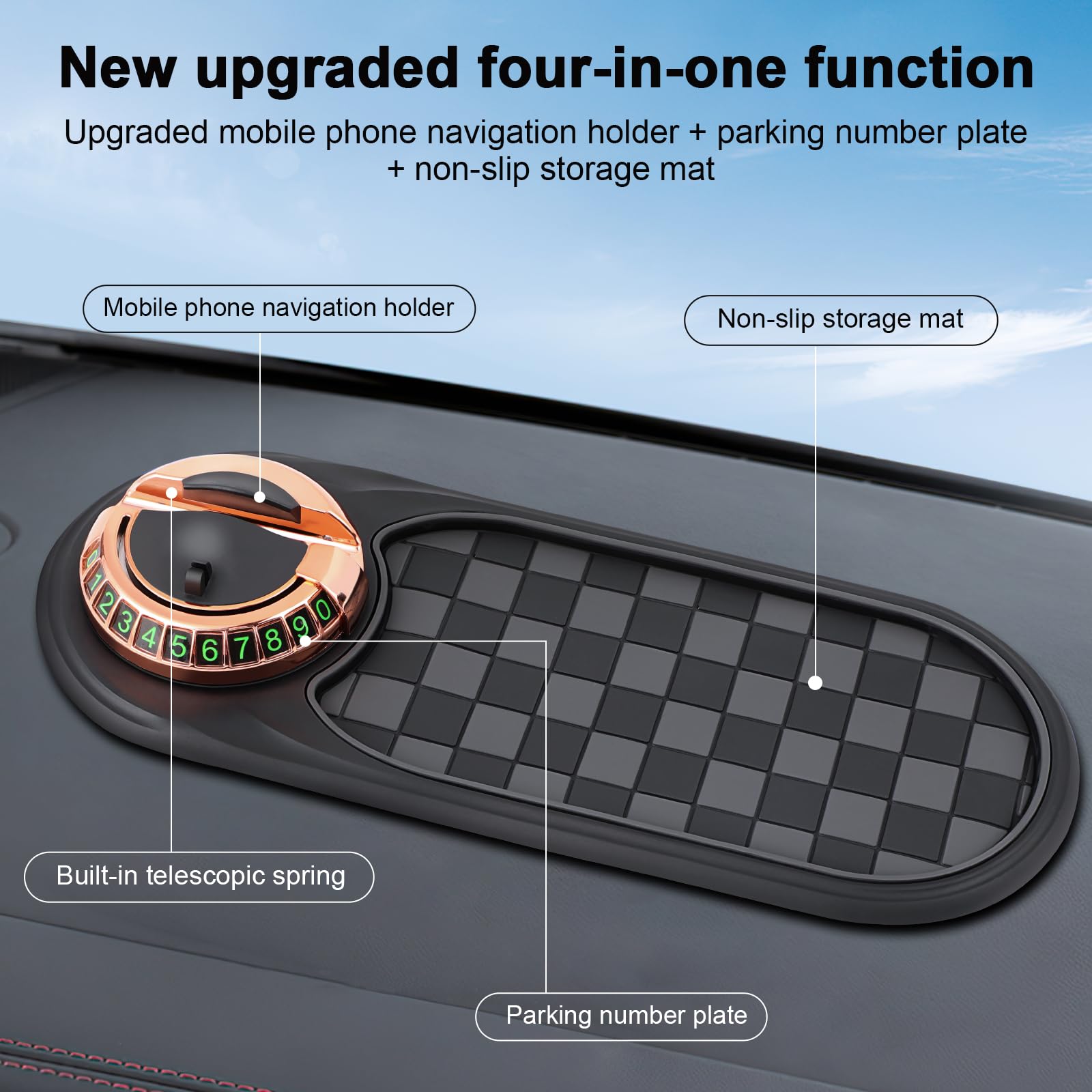 Multifunction Car Anti-Slip Mat,Portable Electronic Device Mount,Universal Phone Holder,Rotatable Anti Skid Car Dashboard Pad with Temporary Parking Numbe for Phones, Keys, Gadgets (Gold)