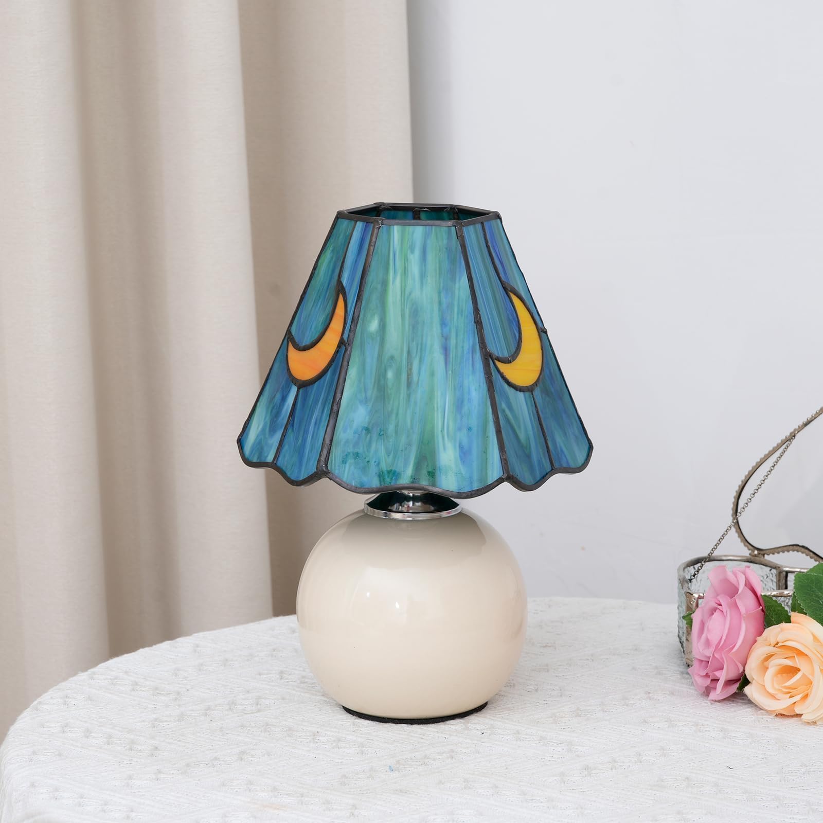 Tiffany-Lampe, Buntglas-Tischlampe, Pilz, Mond, niedlich, klein, Nachttischlampen für Wohnzimmer, Heimdekoration, einzigartige ästhetische Wohnzimmer-Dekoration, Mädchen, Meerblau