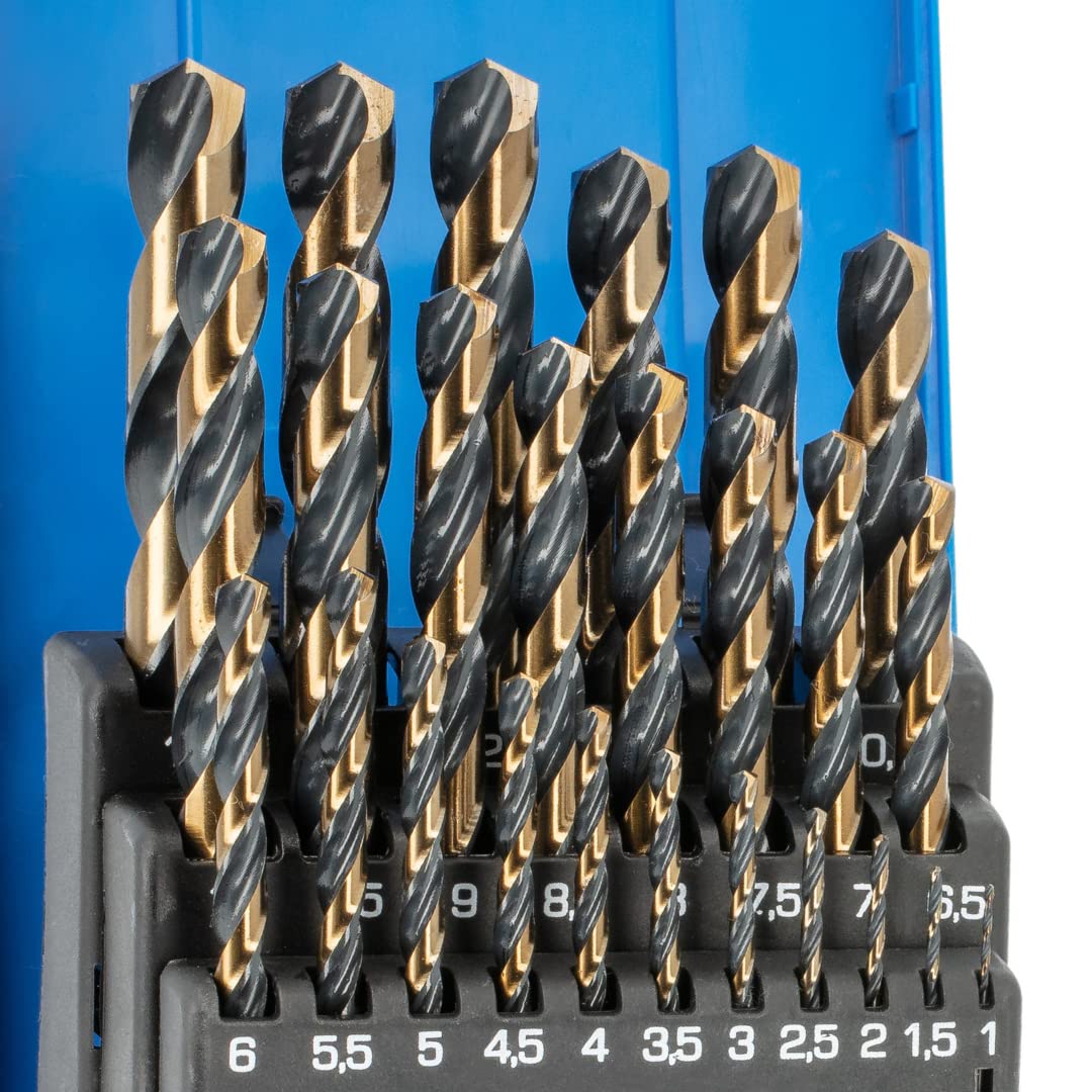 Högert Technik - Juego de brocas de metal de 25 piezas - Juego de brocas para taladrar agujeros en acero, hierro fundido, metales no ferrosos y plásticos endurecidos - De acero HSS - Norma DIN 338