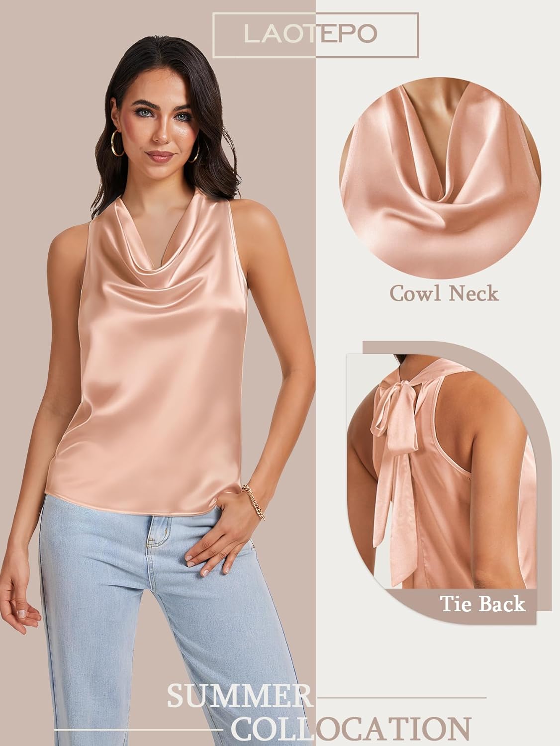 LAOTEPO Cowl Neck Halter Tops for Women Silk Satin Going Out Tank Top Trendy Summer Camisole Business Casual Blouses Outfits
