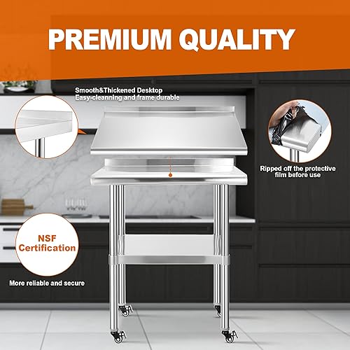 Miniatura 6 de Sapodilla NSF Mesas de trabajo de acero inoxidable con ruedas, 24 x 24 pulgadas, mesas comerciales resistentes con placa trasera y estante inferior