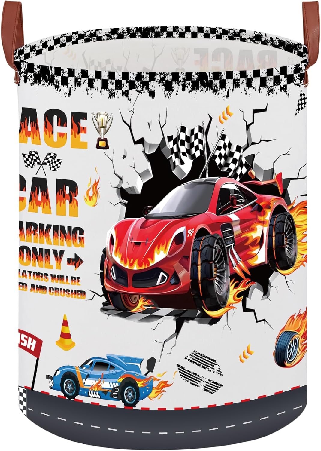 Red Car Round Waterproof laundry basket,Race Car Decor for Boys Room,Kids Toy Box Storage,Sports Nursery Hamper,Foldable Fabric Basket,Clothes or Plush Toy Gift Basket