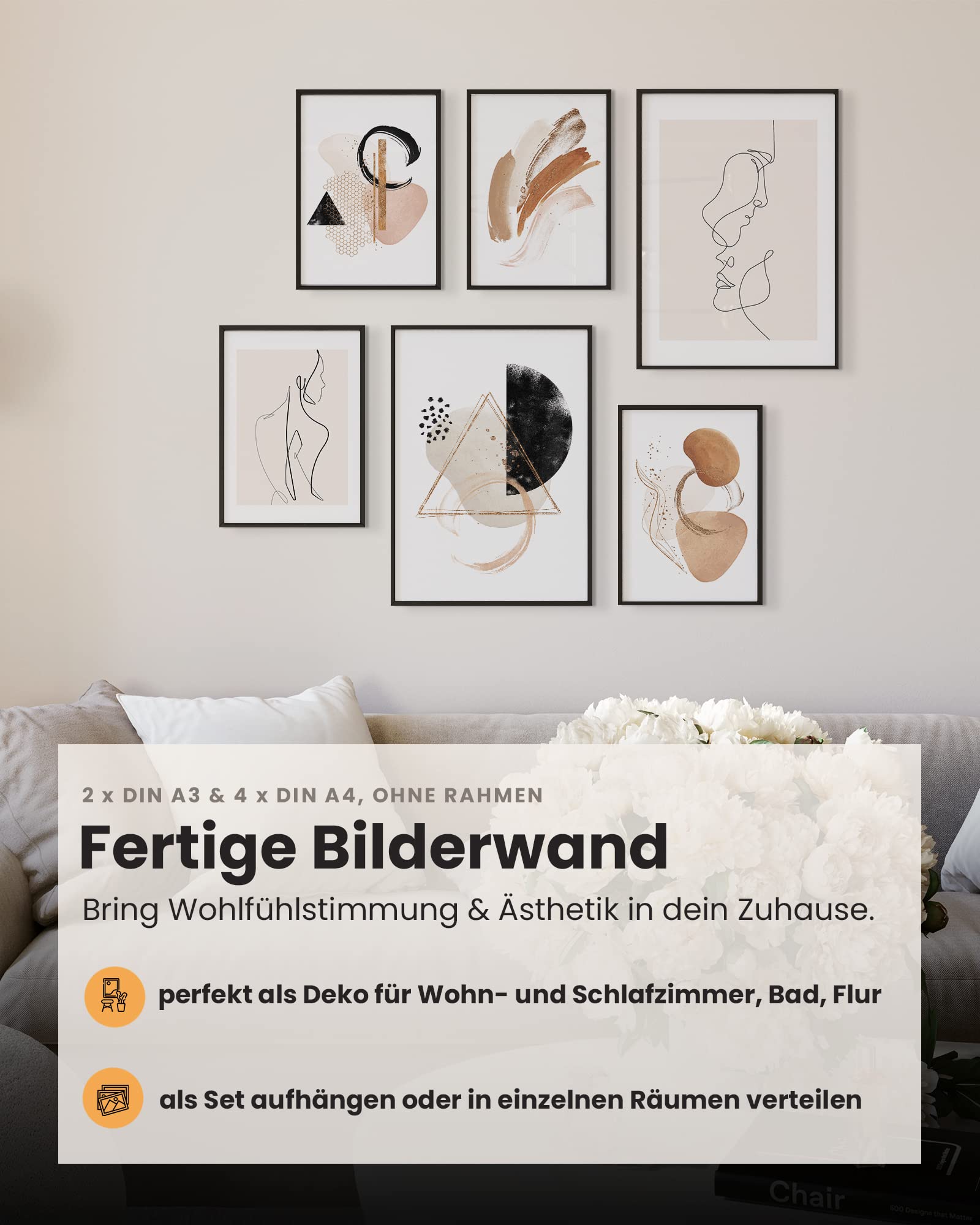 Decomonkey - Set Di 6 Poster Astratti Line Art Amore - Quadri Moderni Per Arredare Soggiorno E Camera Da Letto - Stampe Motivazionali Senza Cornice (4 A4 + 2 A3)