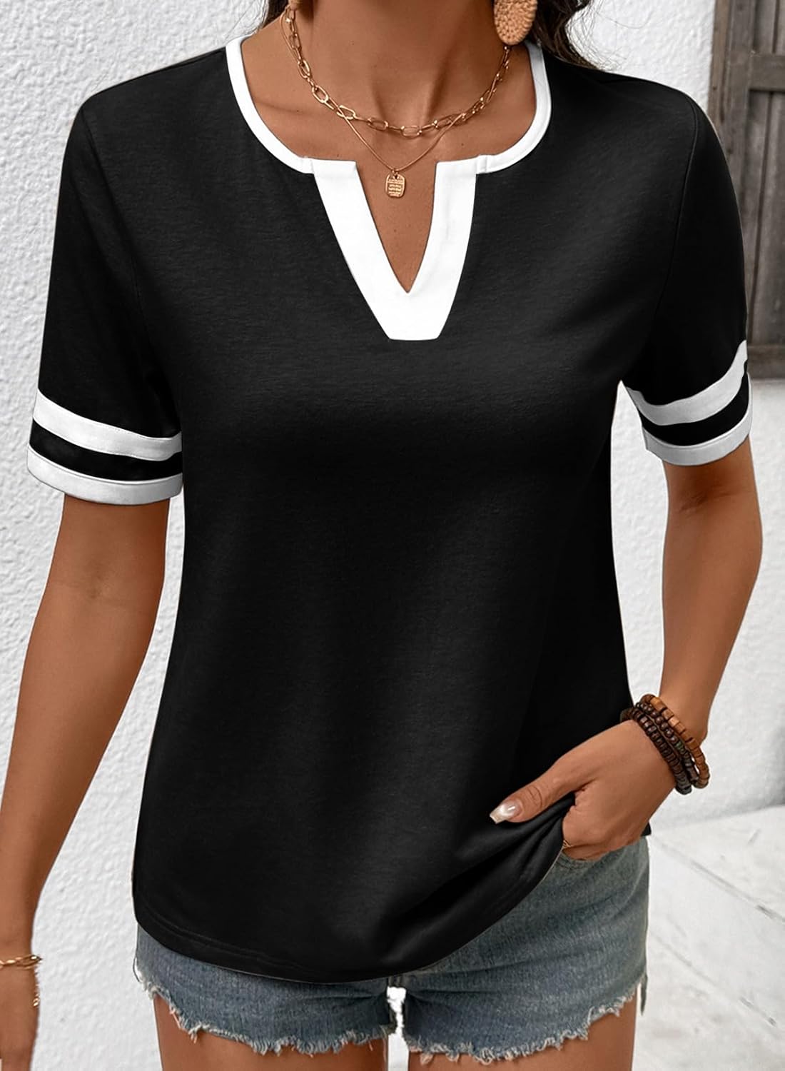 SHEWIN Women's Summer Tops V Neck Short Sleeve T-Shirts Colorblock Casual Tees 2026 Clothes - Image 4