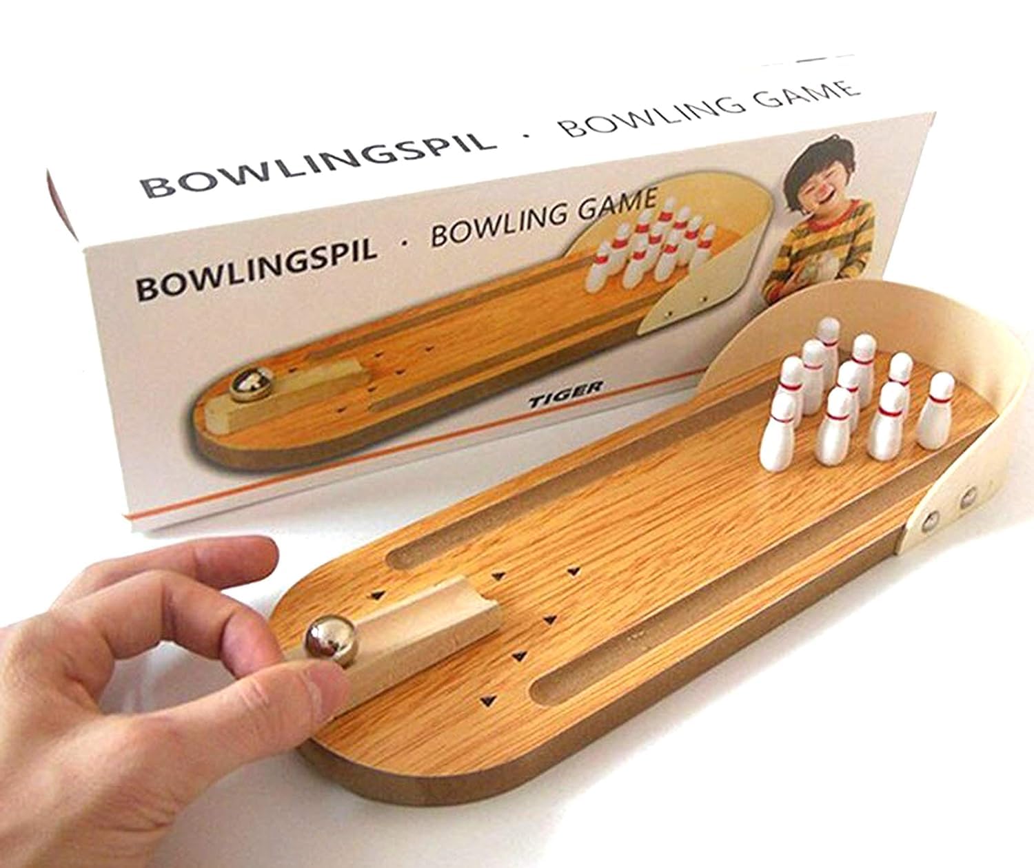 Qwick Click Wood Mini-Entertainment Desktop Bowling Game Set 10 Wooden Bowling pins1 Metal Bowling Ball 1 Wooden Bowling ramp with peg 1 Wooden Alley for Kids 4-10 Years (Multicolour & Multi Patten)