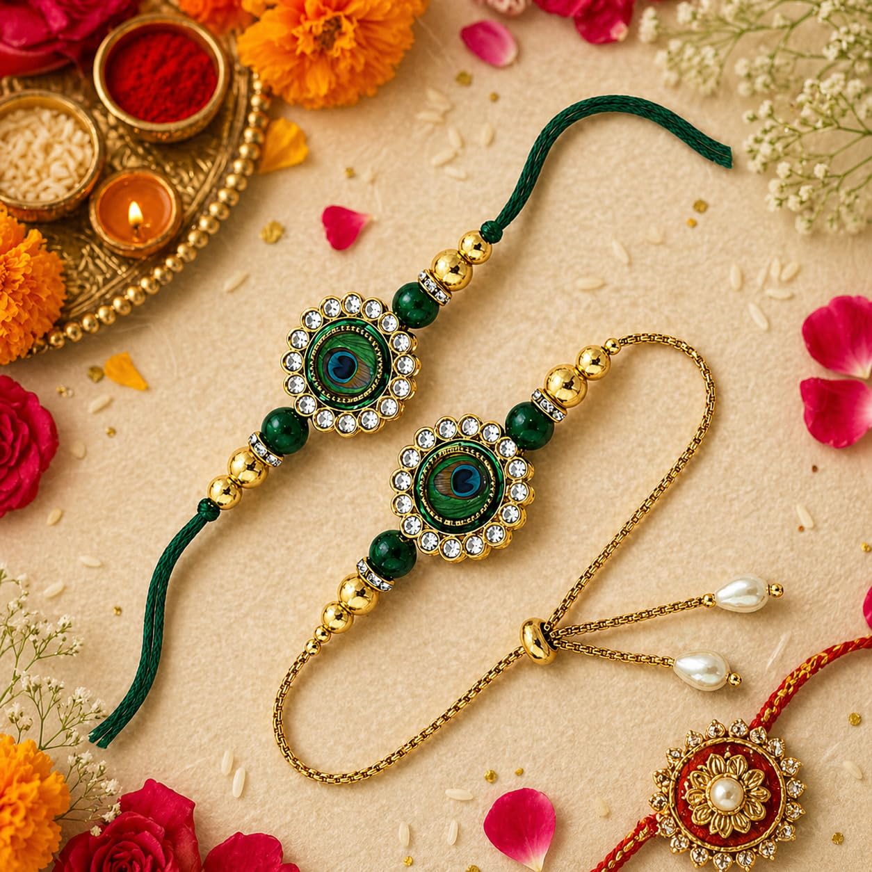 Gold Kundan Rakhi Set - Raksha Bandhan Gift -7 Gold Kundan Rakhi Set - Raksha Bandhan Gift -7