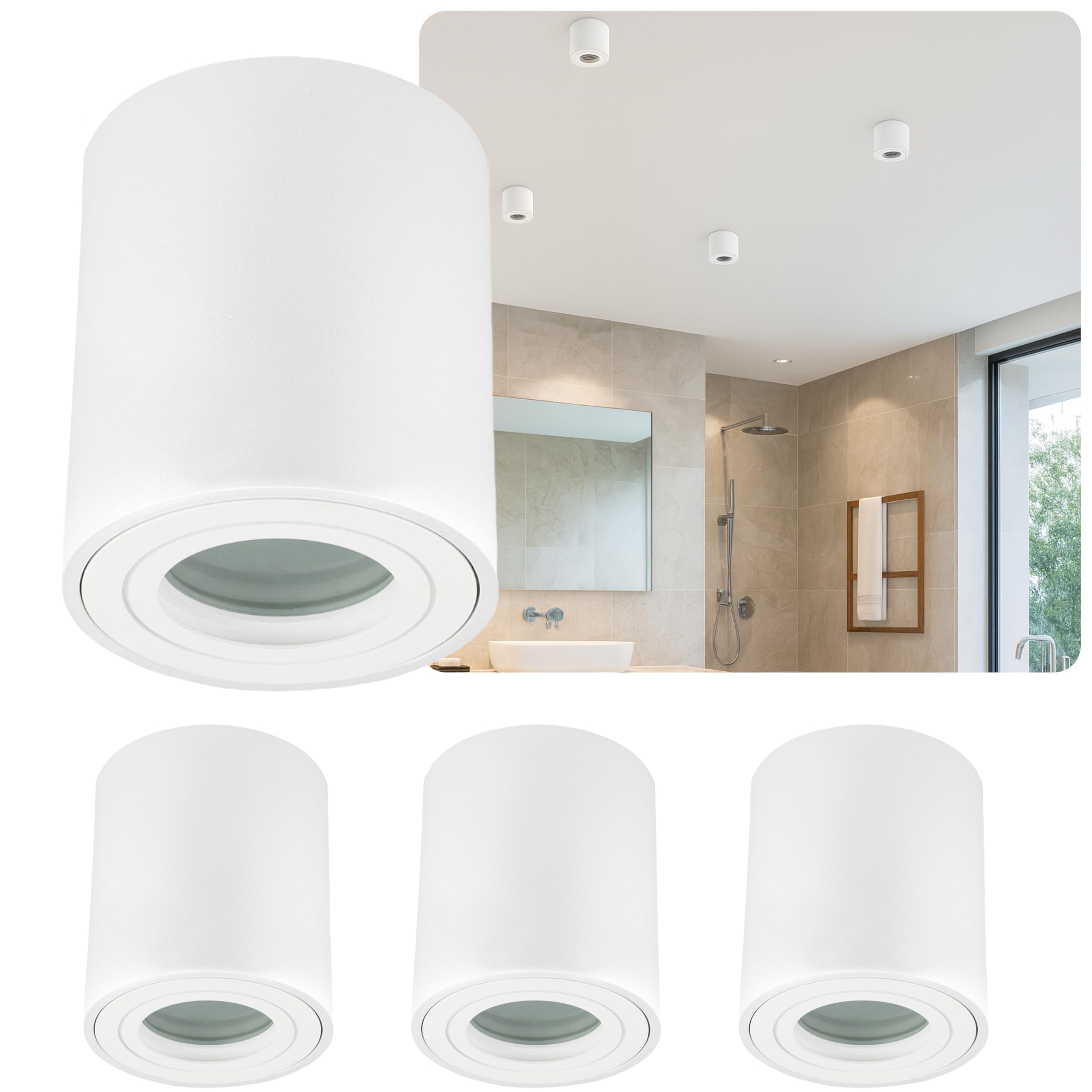 Sweet Led Spots de plafond 230V IP44 Pour salle de bain, cuisine, cave Plafonnier LED GU10 en aluminium rond blanc mat Diamètre Ø80 mm - 95 mm LED Spot 230 Volt 4 pièces