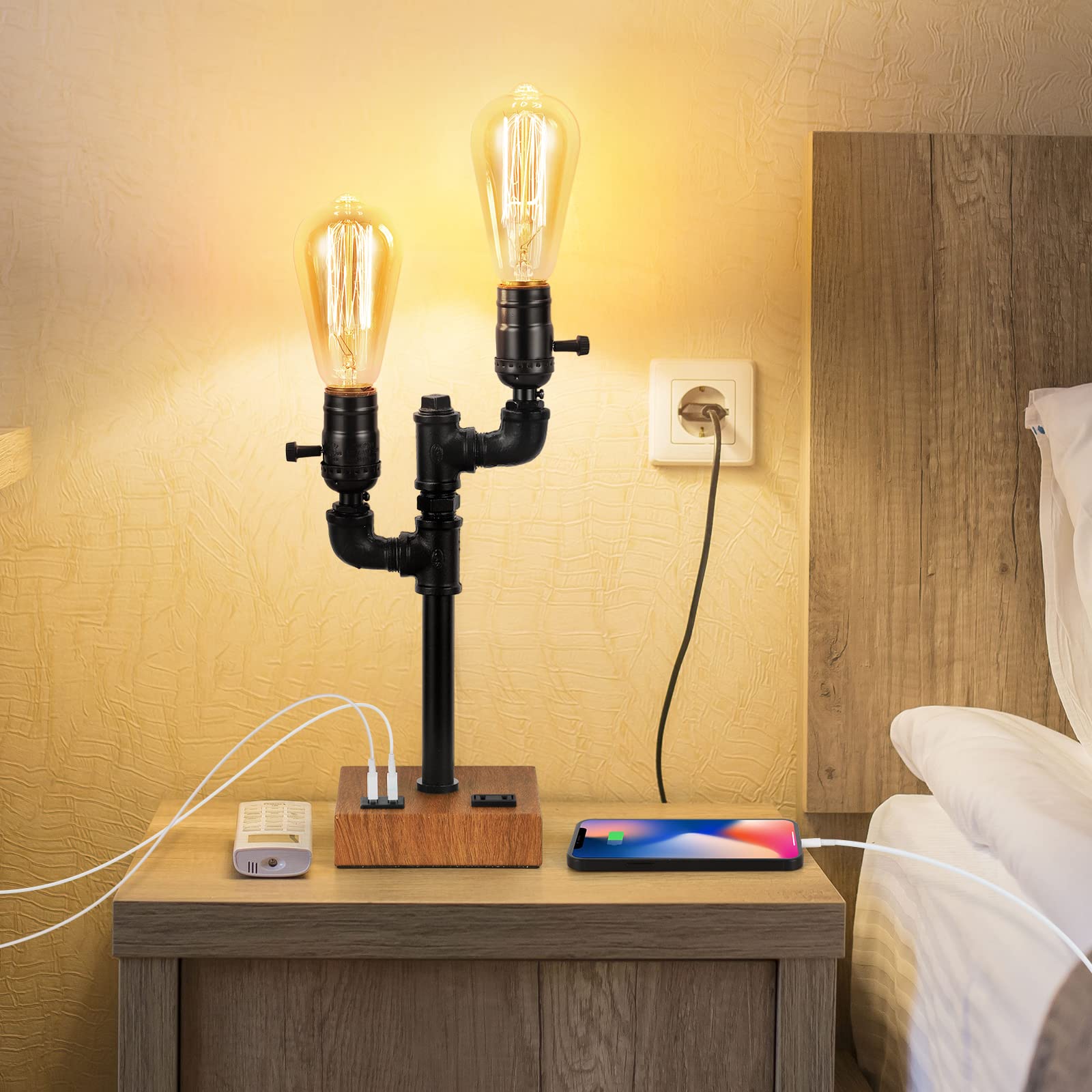 HAITRAL Retro Table Lamp - Industrial Steam Punk Lamp with USB Charge Ports and AC Outlet (Bulb Not Included)