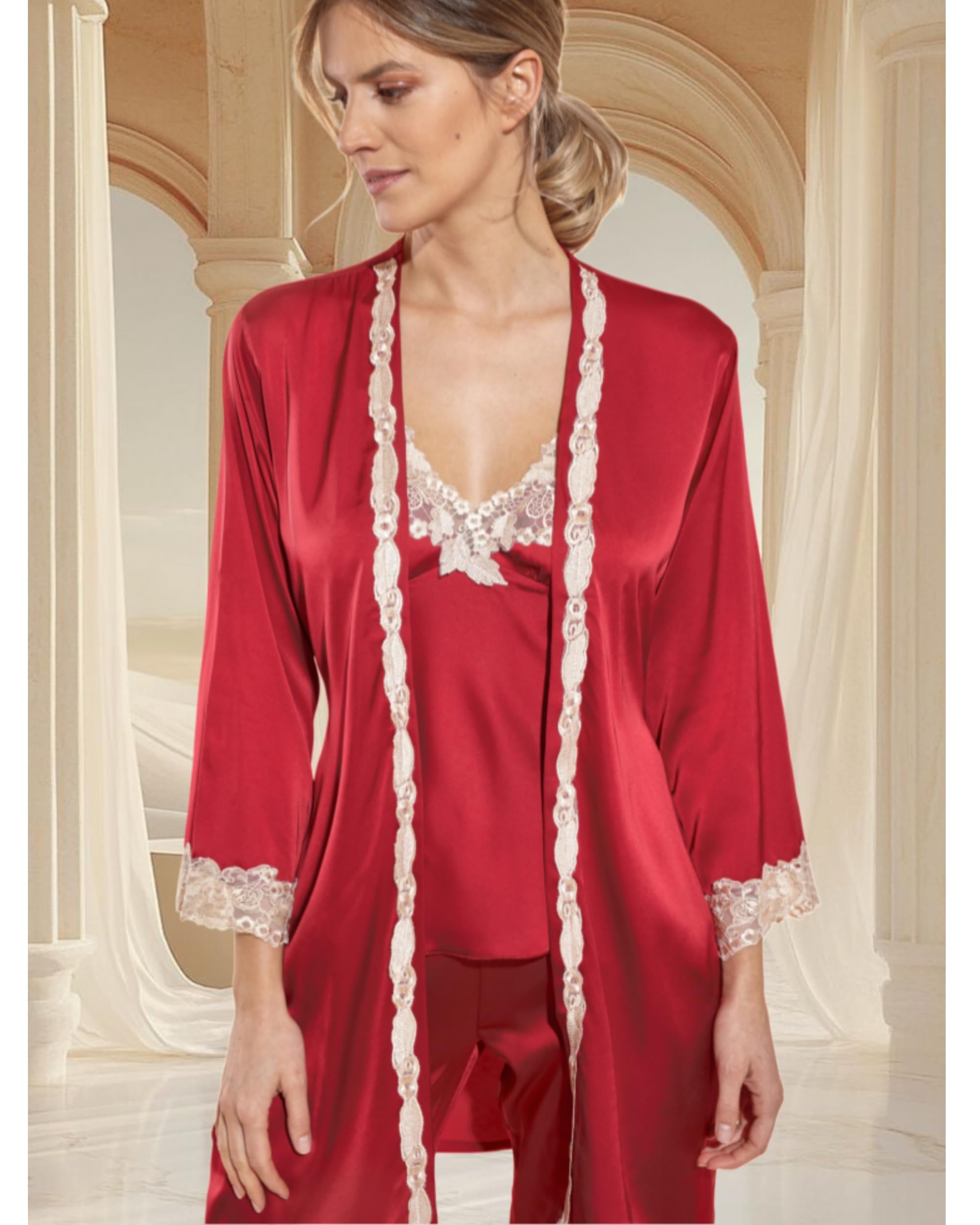 Pigiama da Donna in Raso setoso, Tinta Unita, Lingerie Pigiami con Pizzo, Set da 5 Pezzi Robe Accappatoio, Camicie da Notte, Top, Pantaloni, Pantaloncini.