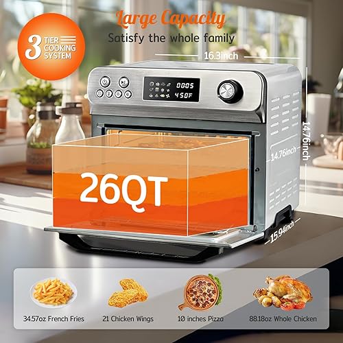 Miniatura 4 de HYSapientia Combo de horno tostador y freidora de aire, horno de convección de encimera extra grande 10 en 1 de 26 cuartos de galón con control de