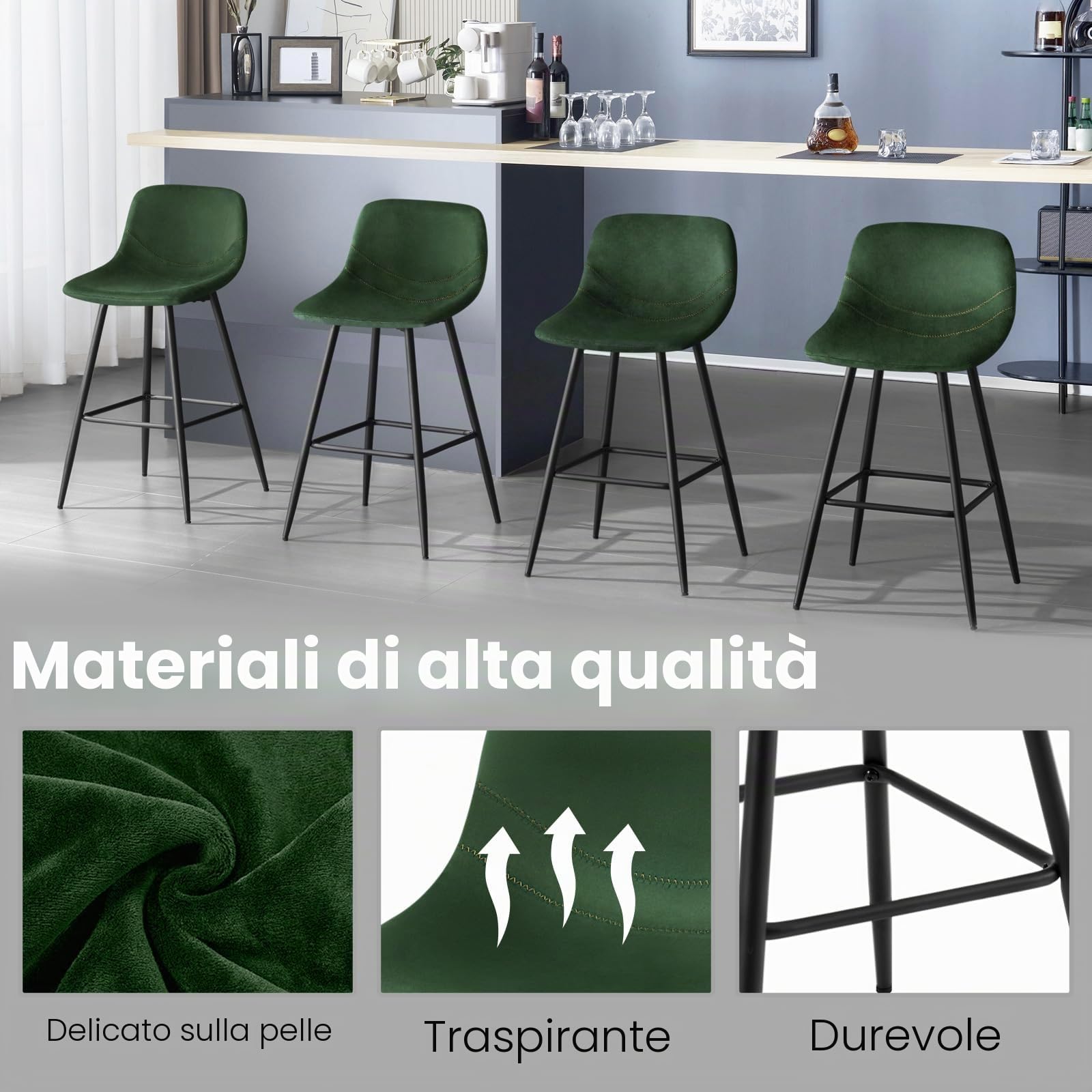 EUGAD Sgabelli Alto Set di 2, con Schienale, Velluto, Verde Scuro