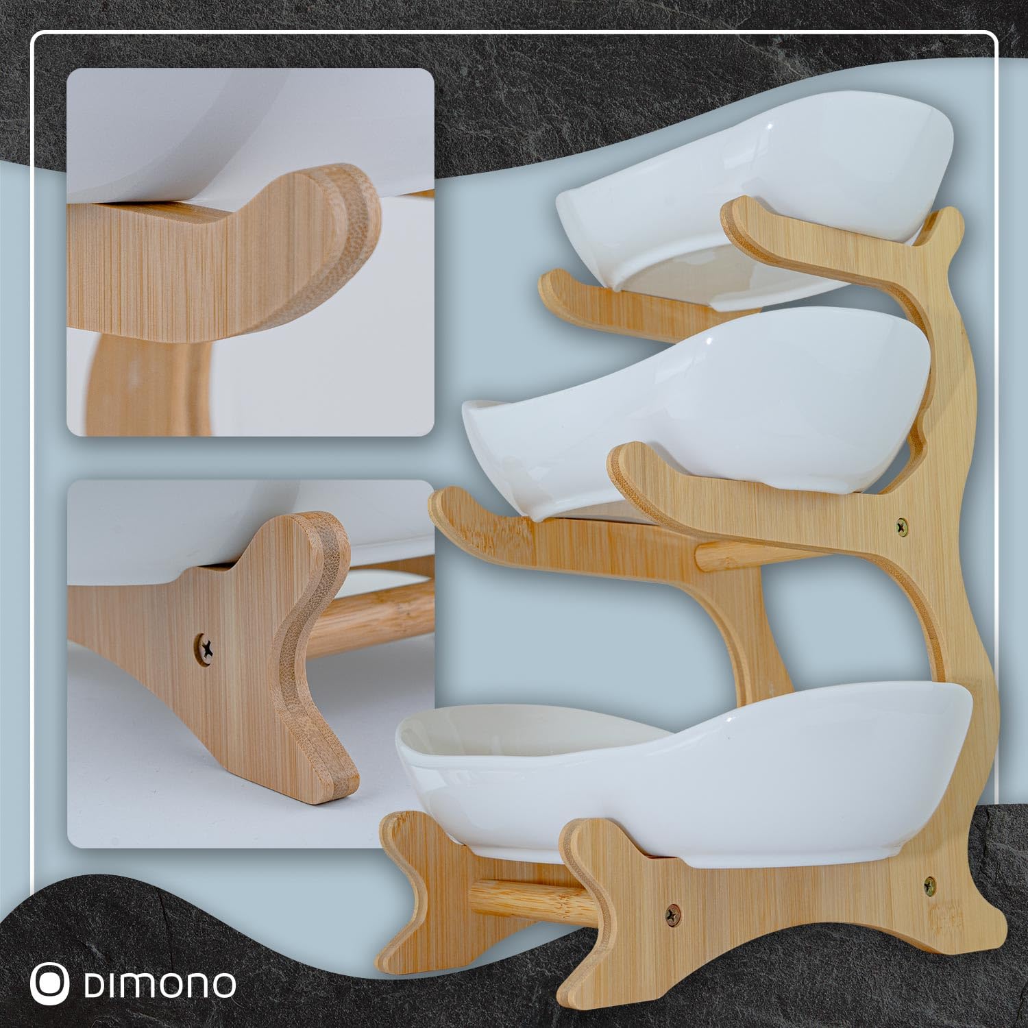 Dimono® Bandeja 3 Niveles con Cuencos de Cerámica y Soporte Bambú | Étagère para postres, frutas y quesos - cuencos ovalados blancos - altura 32 cm - diseño natural