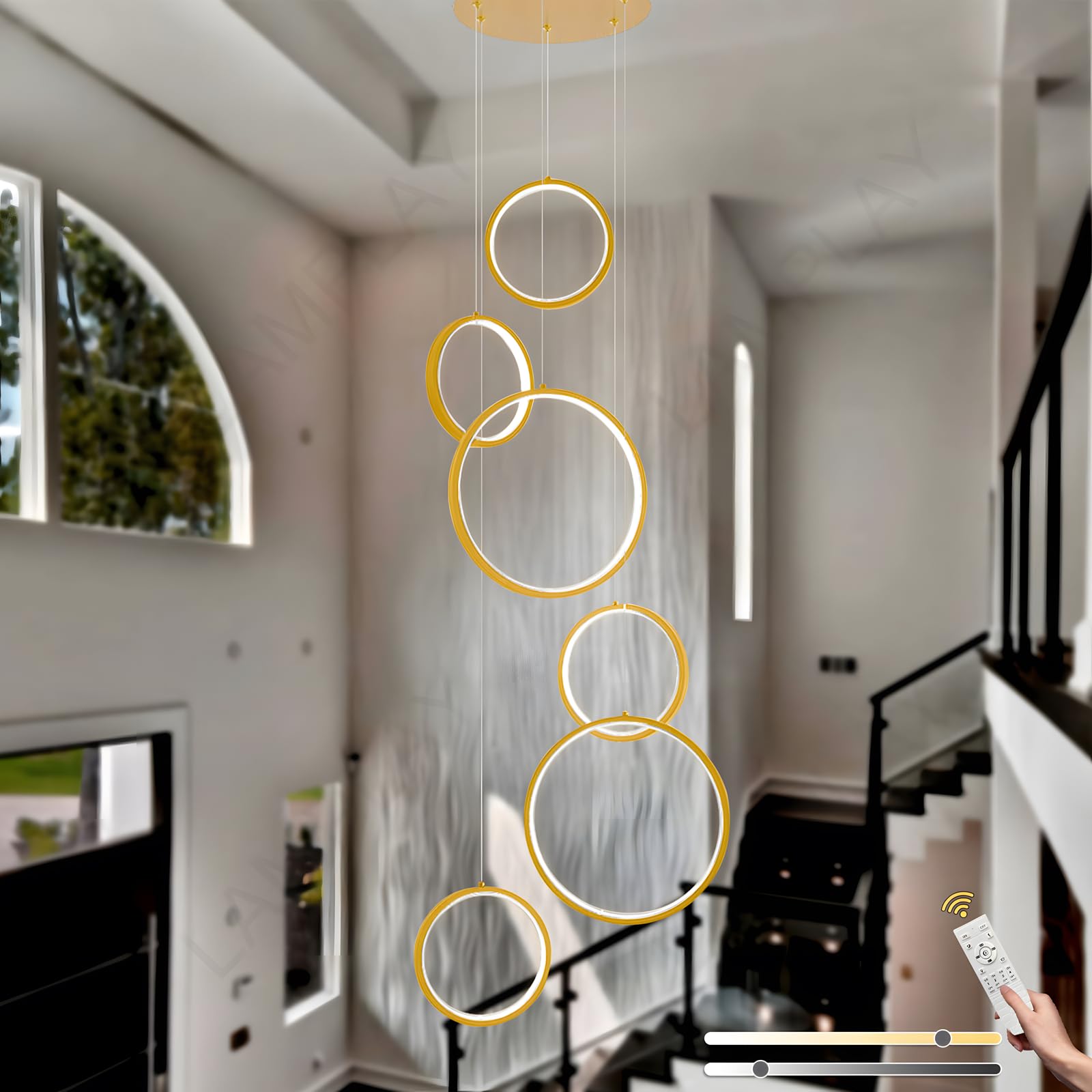 LAMPLAY LED Long Staircase Chandelier, Modern High Ceiling 6 Gold Rings Lamp, DIY Entryway Height Adjustable Pendant Light, Dimmable with Remote Control 3000K-6000K, Hallway Living Room Stairs Villa