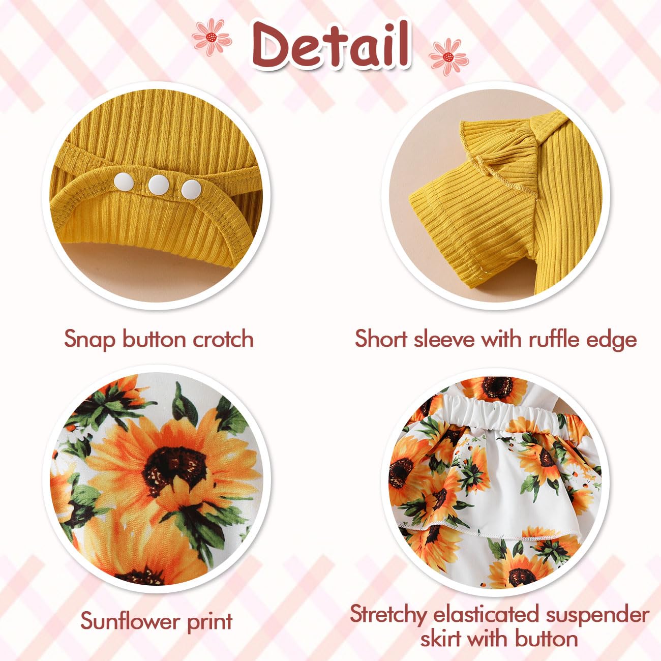 Ensemble de Vêtements Bébé Fille, Combinaison Manches Courtes Volants et Boutons Pression à l'entrejambe, Tournesol Extensible Bretelles Button Jupe Nœud Papillon Bandeau Tenue, 0-18 Mois