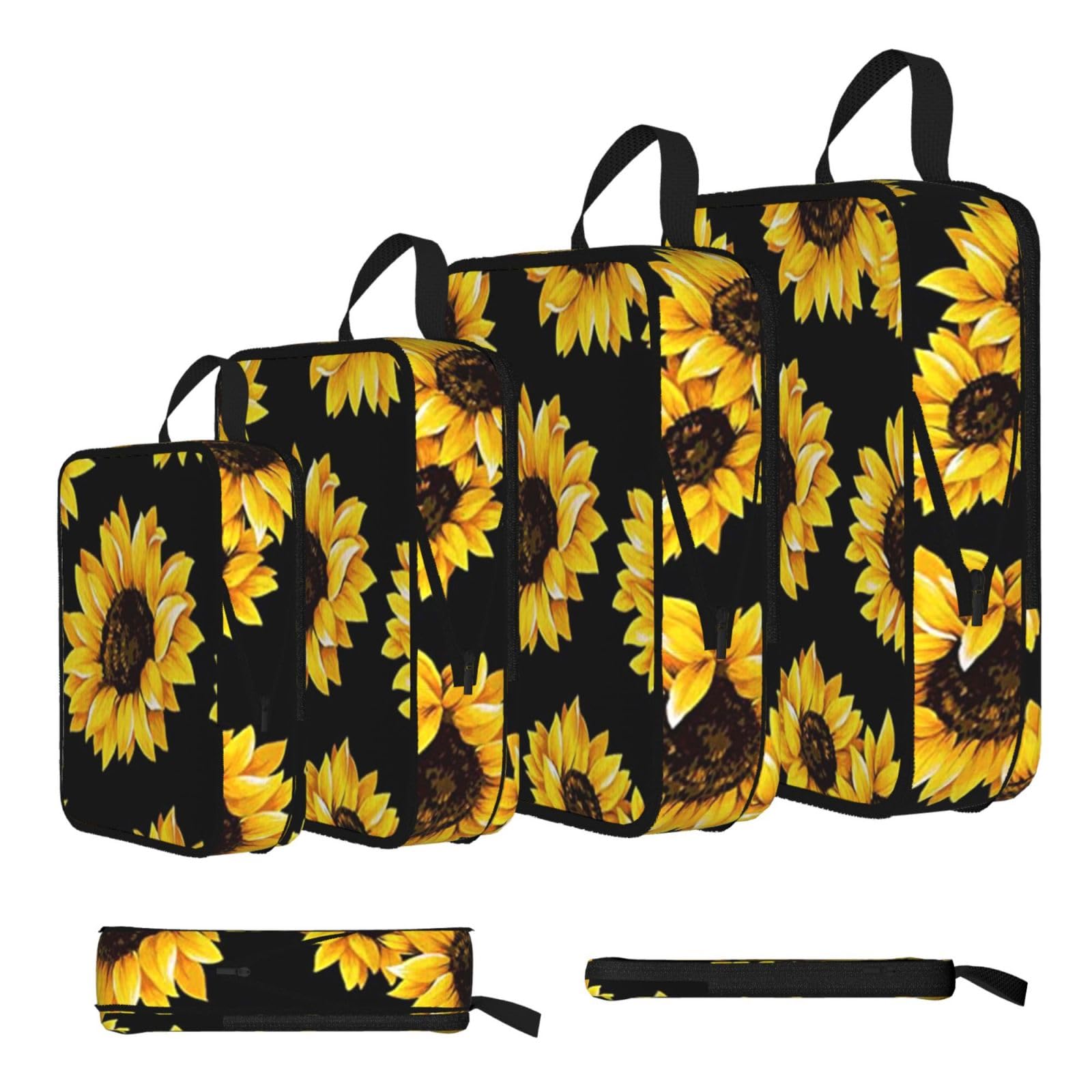 Sunflower Print Compression Packing Cubes 4-Piece Set With Multi- Compartment Travel Bag, Waterproof Suitcase Organiser Bags