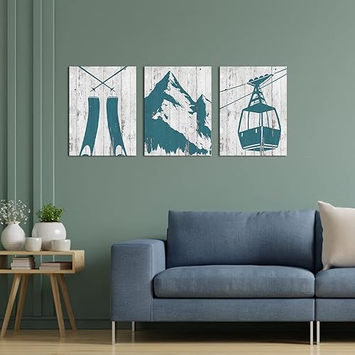 Miniatura 5 de LevvArts Lienzo de esquí de 3 piezas, arte de pared, pintura abstracta de montaña, póster de deportes de invierno, vintage, verde azulado, hogar,