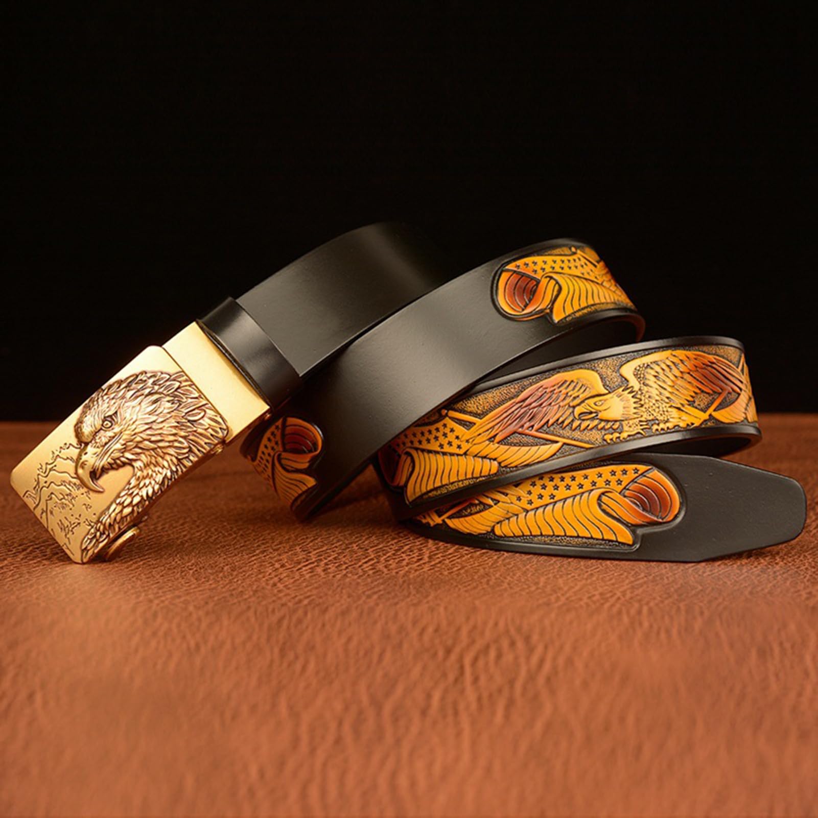 Cinturón De Cuero For Hombre Con Diseño Águila, Hebilla Trinquete Automática Deslizante, Dorada Tallada, Ajuste A Medida, 35 Mm Ancho