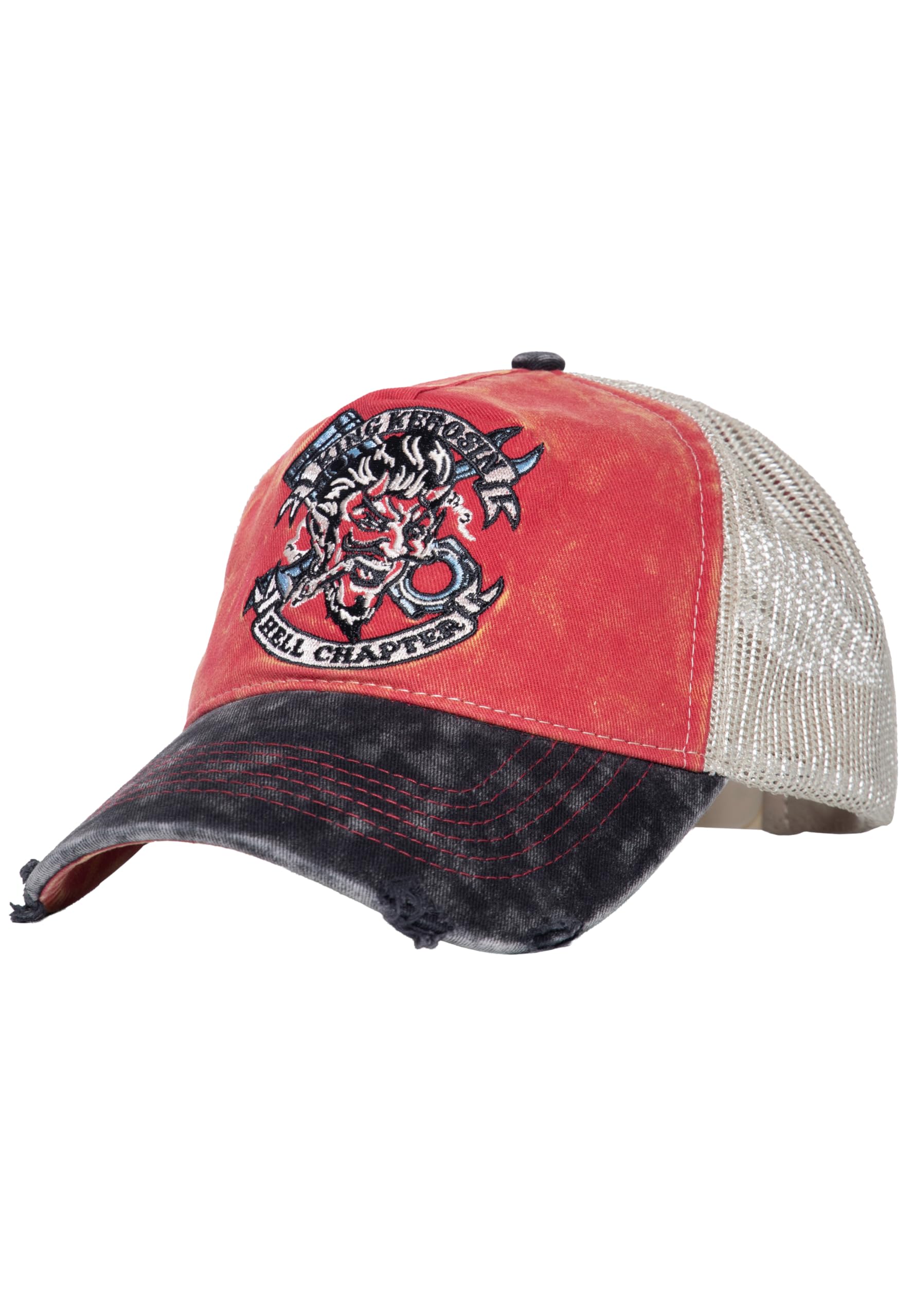 King Kerosin Męska czapka z daszkiem · czapka z daszkiem · siateczka · Snapback · Vintage · Retro · siatka · Devil · Biker · Motocykl · Used Look · Patch · Haft Diabeł · Rock · Hell Chapter