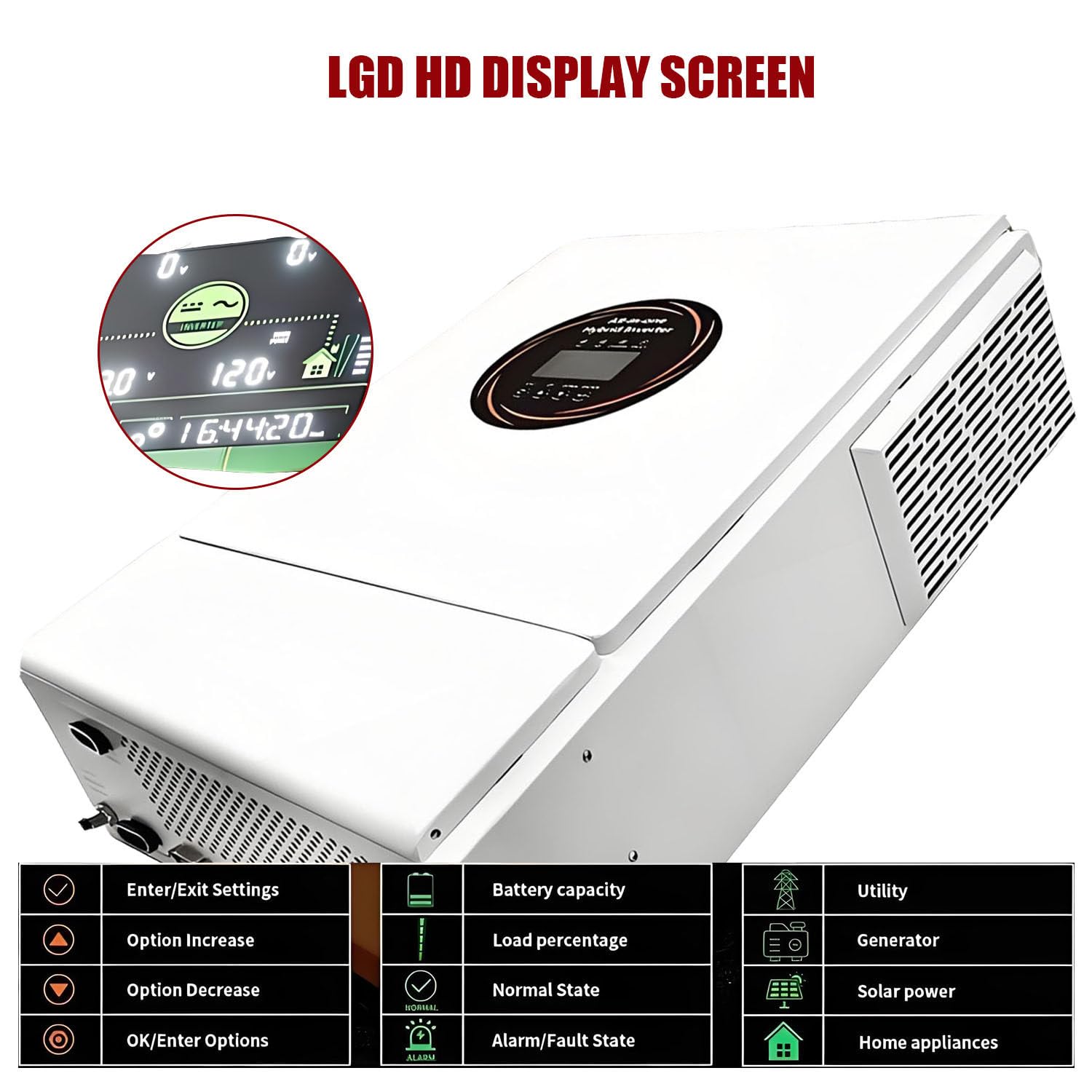 Kontroler ładowania słonecznego, falownik słoneczny, wbudowany kontroler MPPT 120 A, wyświetlacz LCD, maks. moc wejściowa PV 5,5 kW, do kamperów i ciężarówek, zasilanie poza siecią słoneczną