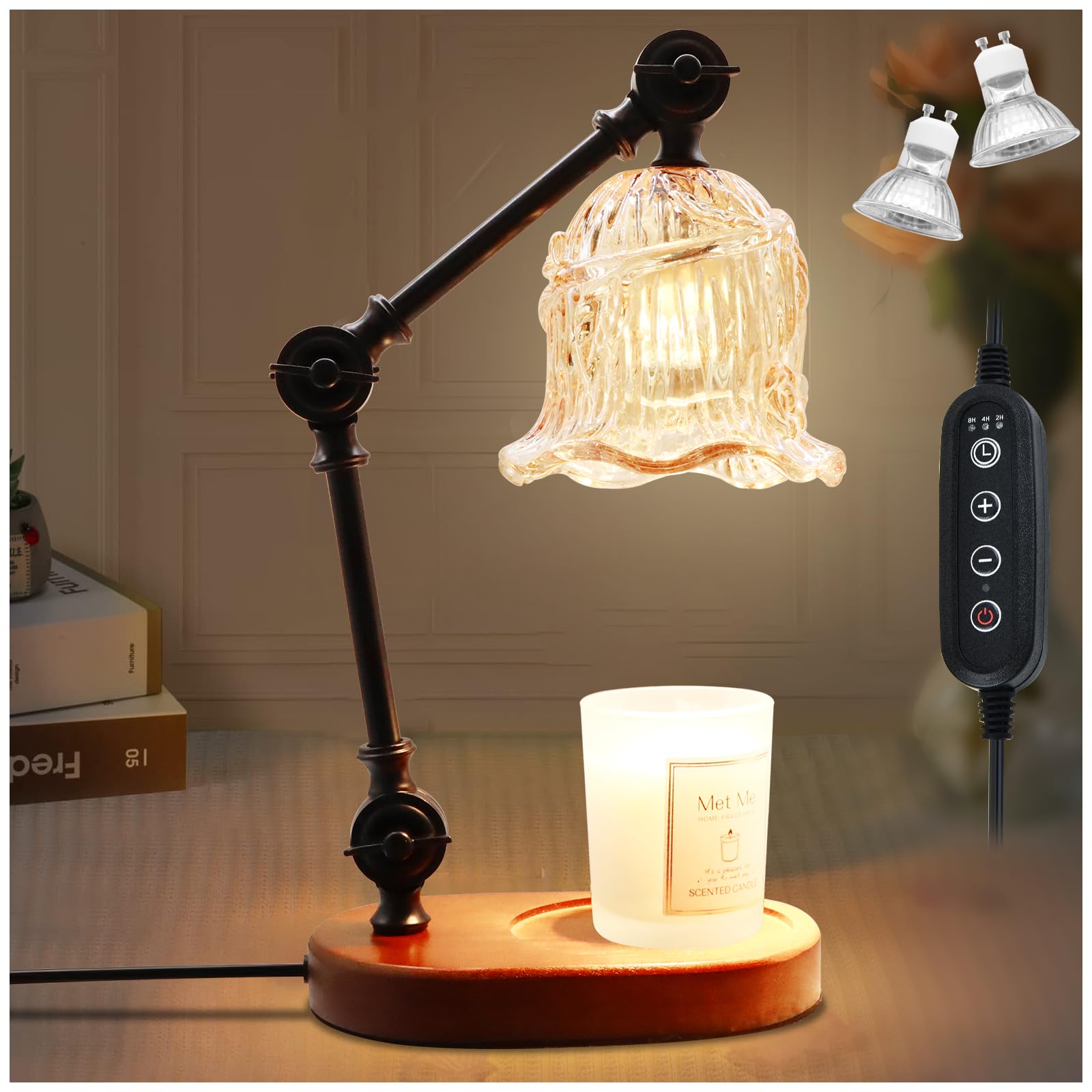 Candle Warmer Lamp, Electric Candle Lamp Warmer, Dating Ambiance Lamp, House Warming Gifts New Home Bedroom Decor Dimmable Wax Melt Warmer for Scented Wax with Two Bulbs (Amber)
