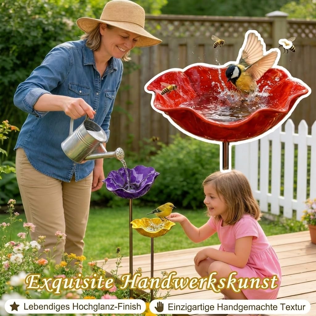 Vogeltränke Blume,Bienentränke für den garten,Insektentränke Gartenstecker aus Metall, Gartendekoration für Rasen, Balkon & Terrasse (Rot, lila, gelb)