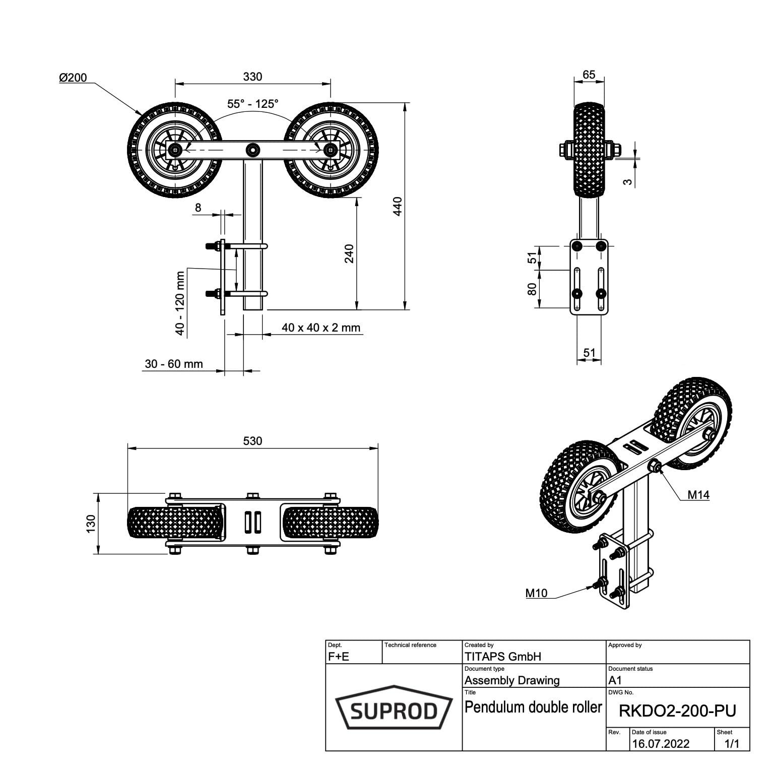 SUPROD Pendel Doppelrad Abrollvorrichtung Sliphilfe Bootstrailer PU-Reifen RKDO2-200-PU, Ø 200 mm