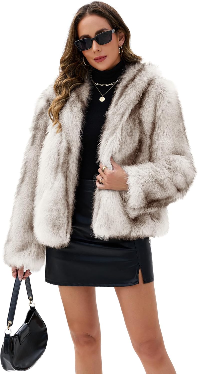 Womens Faux Fur Coats Long Sleeve Stand Collar Open Front Cardigan Top Fuzzy Coats Jacket Fluffy Outwear with Pockets
