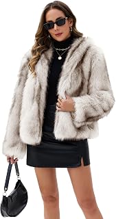 FIOPHY Women's Fluffy Faux Fur Coat Long Sleeve Stand Collar Open Front Cardigan with Pockets Mid-Length Fuzzy Jacket