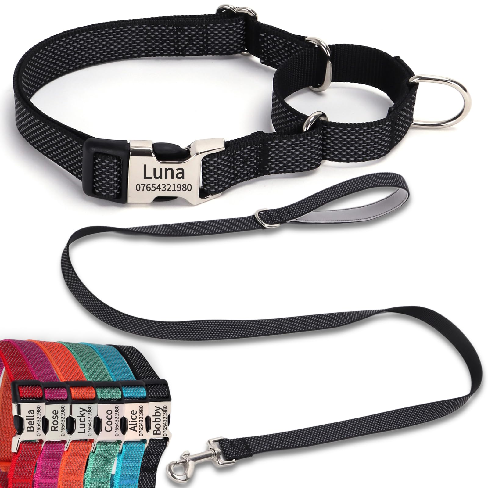 SEOUGEE Martingale Dog Collar Personalised and Lead Set, Reflective Nylon Anti-choke Dog Collars and Leash with Custom Engraved Buckle, Walking Training for Medium Dogs (M Black Set, 40-55cm)