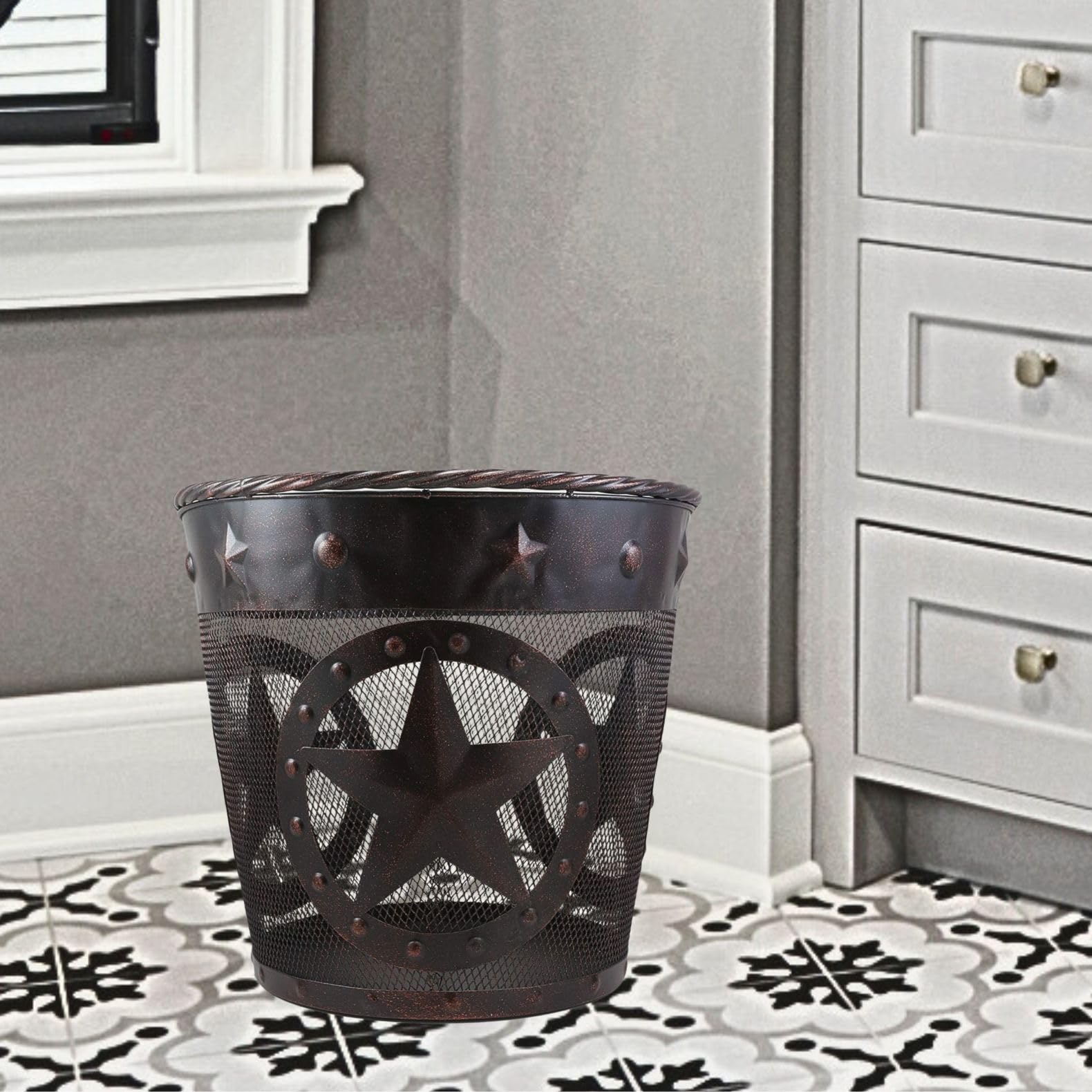 BestGiftEver Basureros con estrella de alambre de malla de metal acabado de cobre, decoración rústica de cabaña occidental