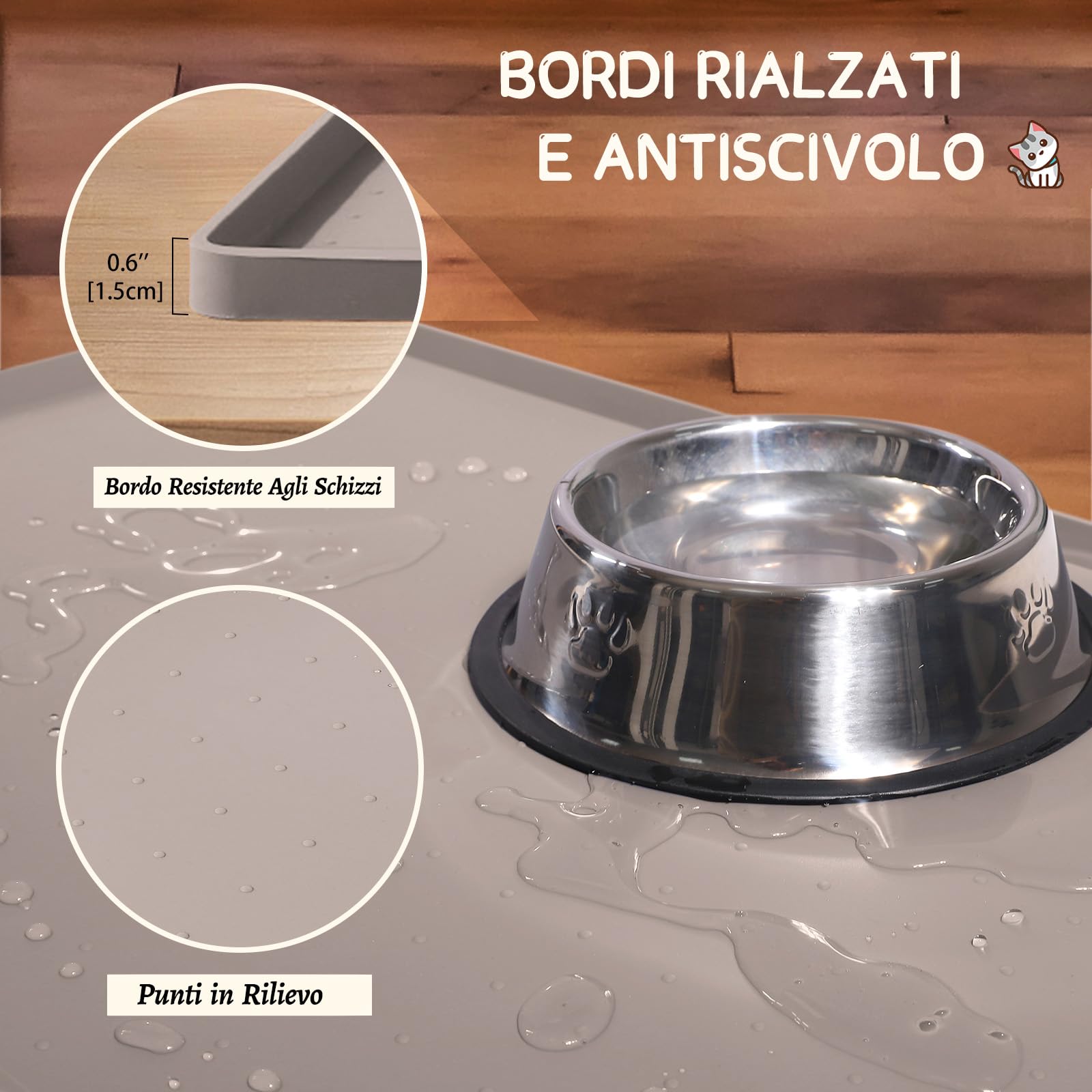 MateeyLife Tappetino Sottociotola per Cani Grande, Antiscivolo Tappetino Silicone Ciotole per Cani, Tappeto Ciotole Cane, Tovaglietta Silicone Cane, Sottociotola Cibo Gatti con Bordo, 60 x 40 cm
