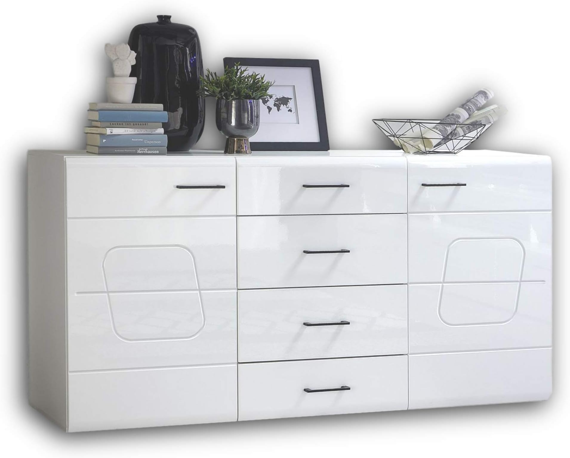 Meble Masztalerz Kommode Weiß Matt - 8 Schubladen Sideboard 140cm - Moderner Schubladenschrank Für Wohnzimmer & Schlafzimmer