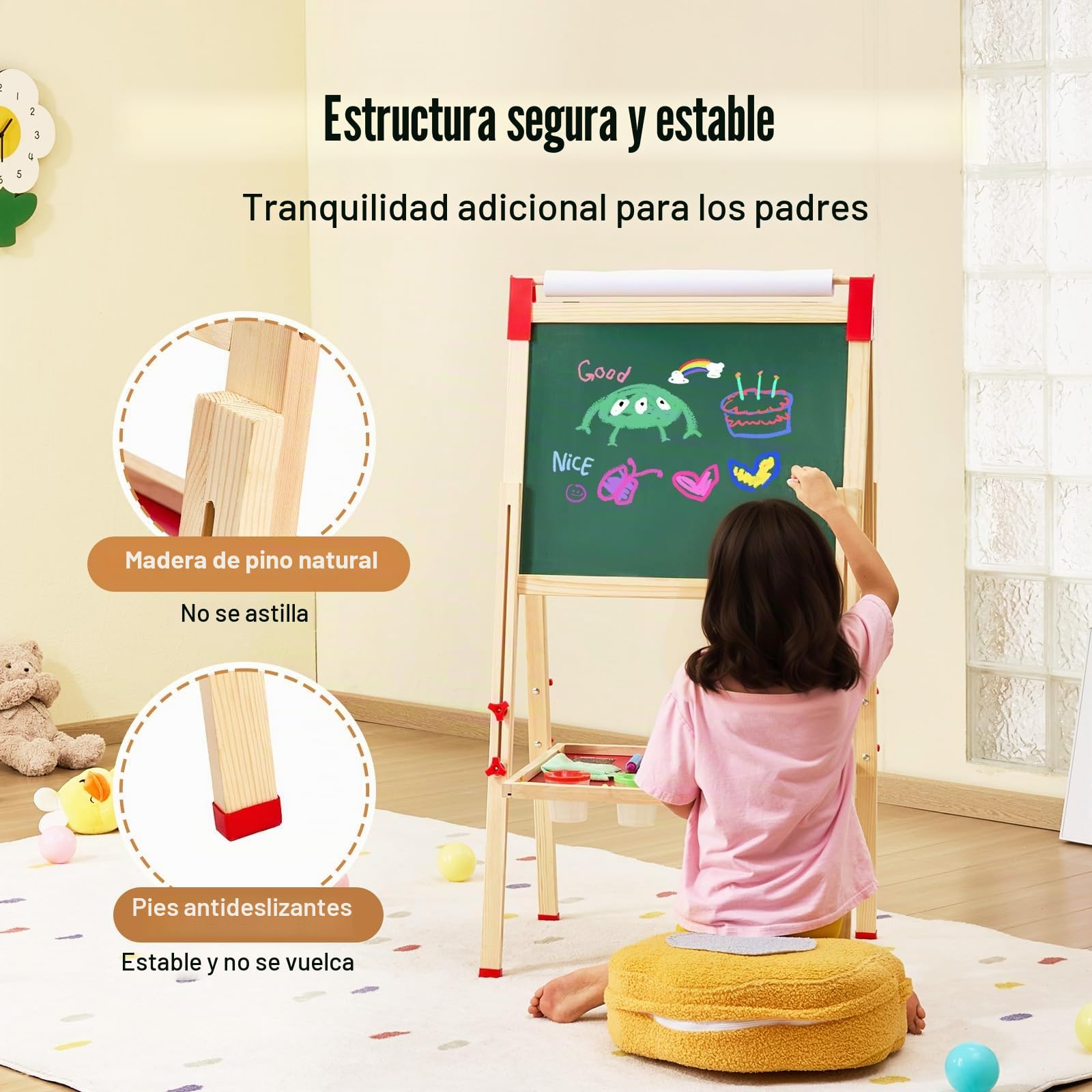 VEVOR 3 en 1 Caballete de Arte Caballete de Madera de Doble Cara para Niños con Pizarra Magnética, Pizarra y Rollo de Papel, Tablero de Dibujo Ajustable con Accesorios de Pintura para Niños