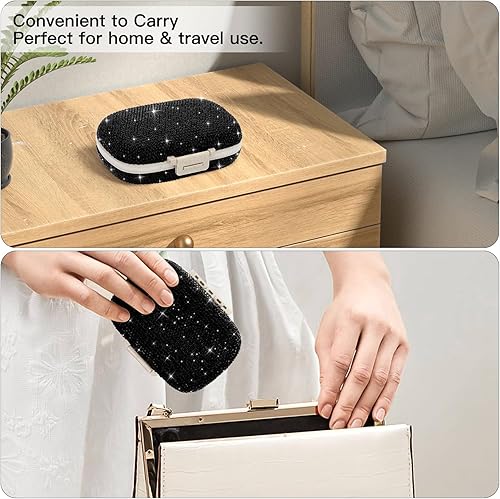 Miniatura 7 de Soleebee Organizador de píldoras diario portátil de 8 compartimentos, caja de píldoras de diamantes de cristal brillante, pequeño estuche de