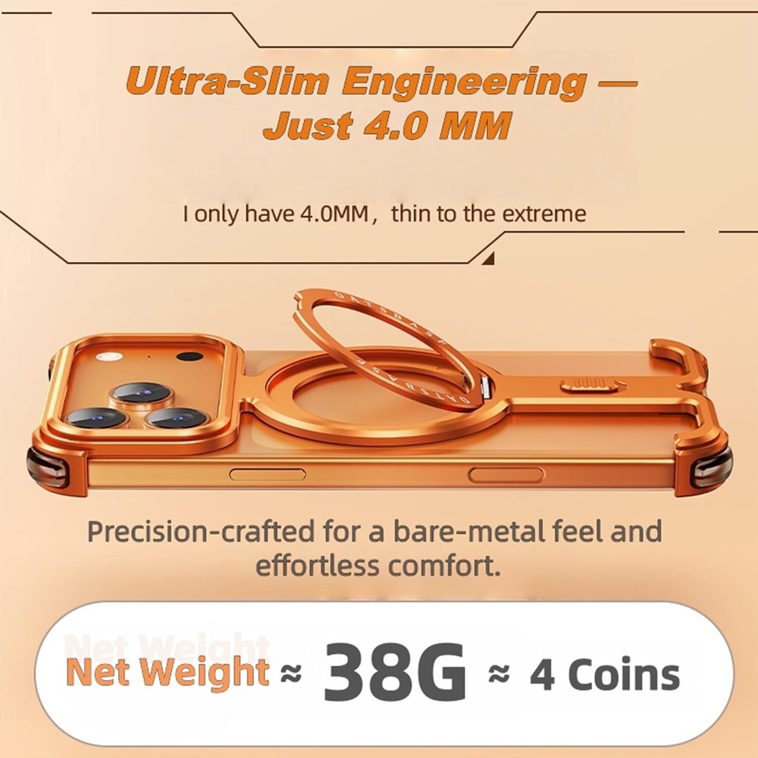 Metal Skeleton Case for iPhone 17 Pro / 17 Pro Max, Frameless Aluminum Bumper with 360° Rotating Ring Stand, Slim Shockproof Corners, Compatible with MagSafe(Titanium,17 Pro Max)